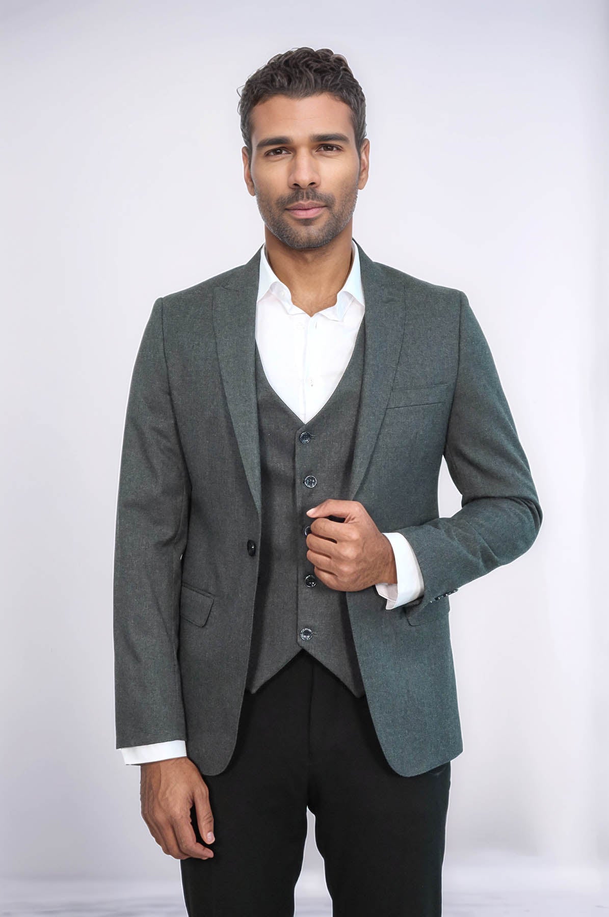 Grey Plain Blazer and Vest Set