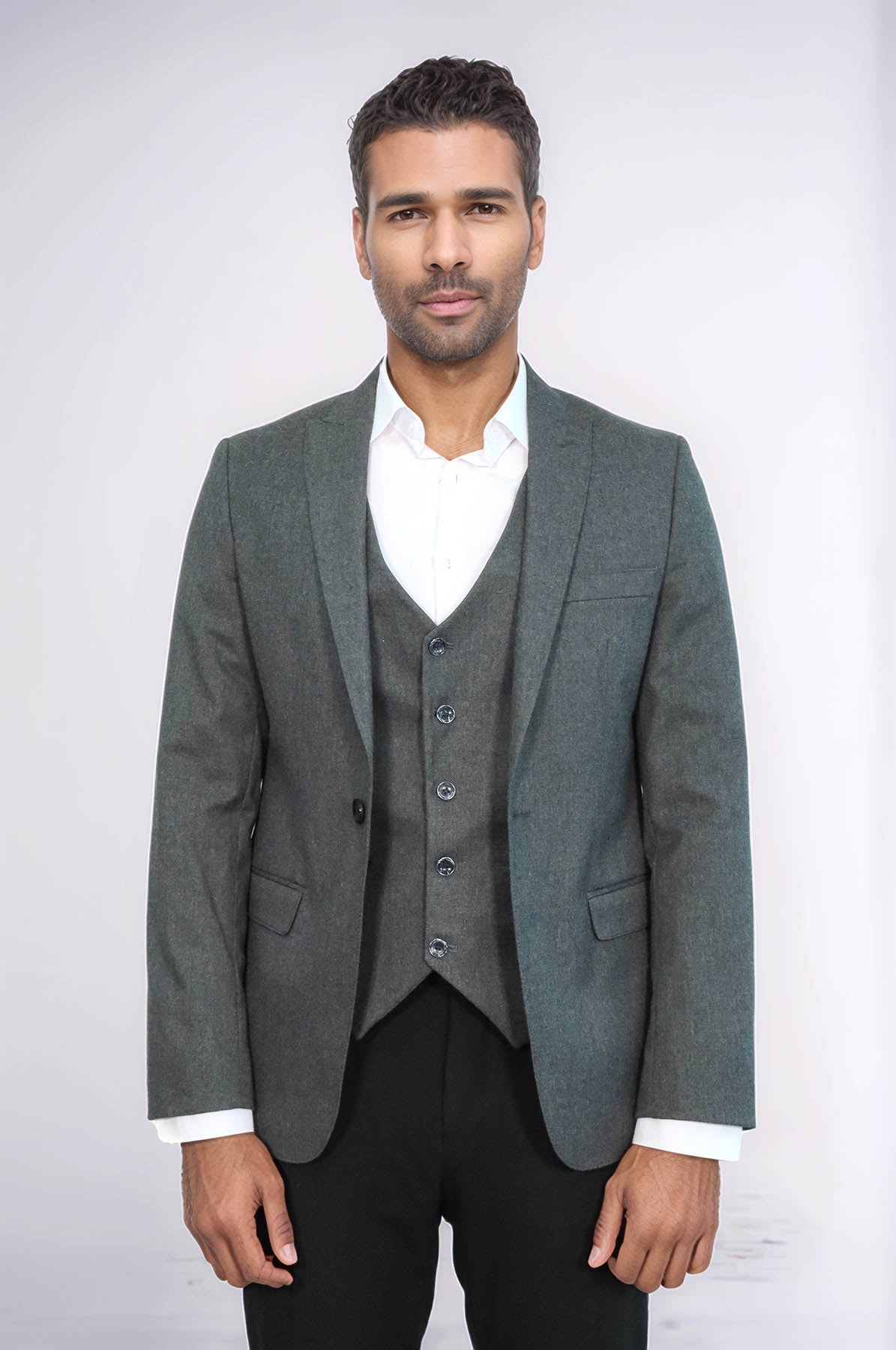 Grey Plain Blazer and Vest Set