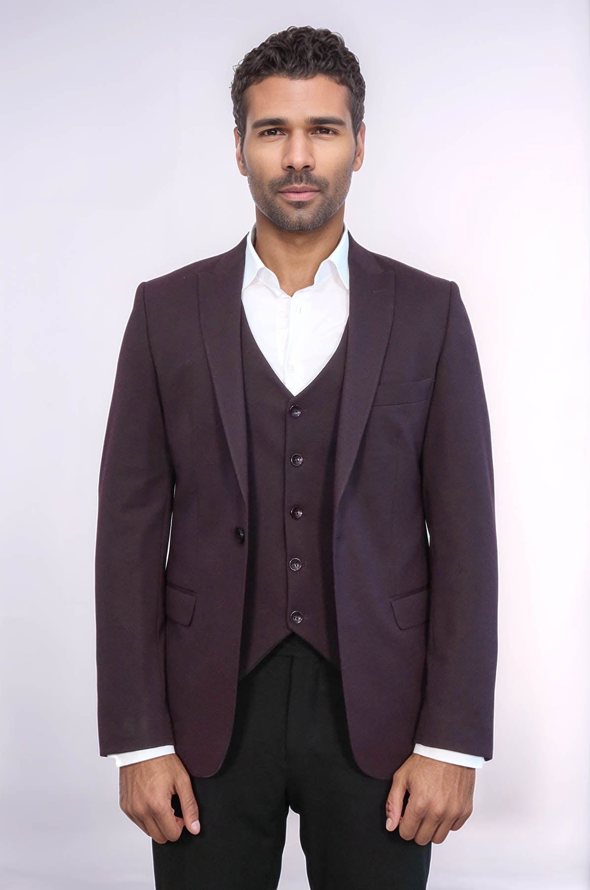Plain Burgundy Vest Blazer Set