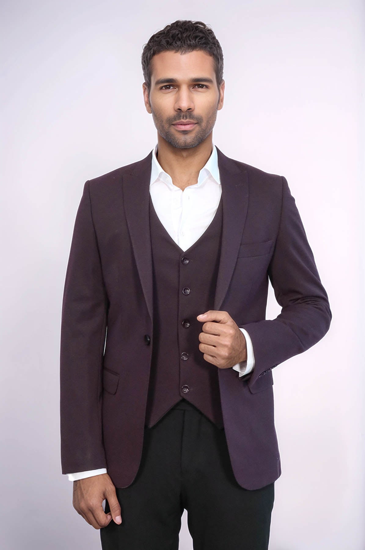 Plain Burgundy Vest Blazer Set