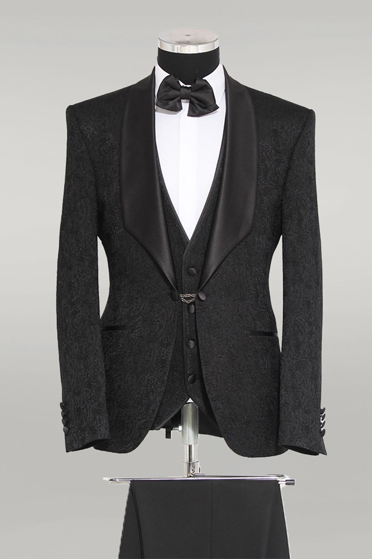 KOALA SYDNEY 3-Piece Patterned Single Button Satin Lapel Black Men's Tuxedo with Bow Tie