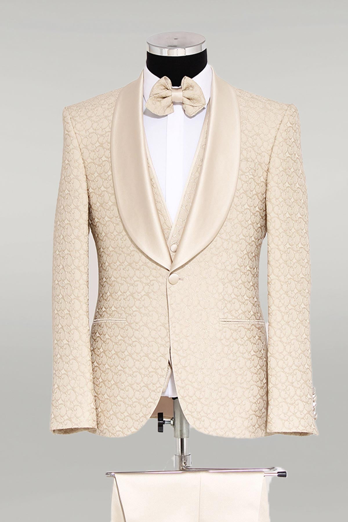 KOALA SYDNEY Brocade Double-Breasted Satin Lapel Ivory Men's Tuxedo with Bow Tie -