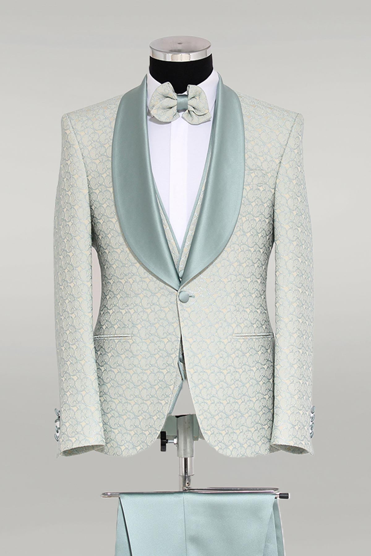 KOALA SYDNEY 3-Piece Textured Satin Lapel Green Men's Tuxedo with Bow Tie