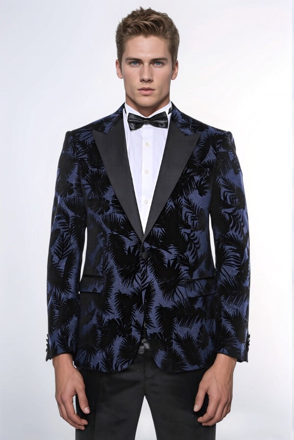 Shiny Leaf Patterned Navy Blue Men Tuxedo Party Blazer - Wessi