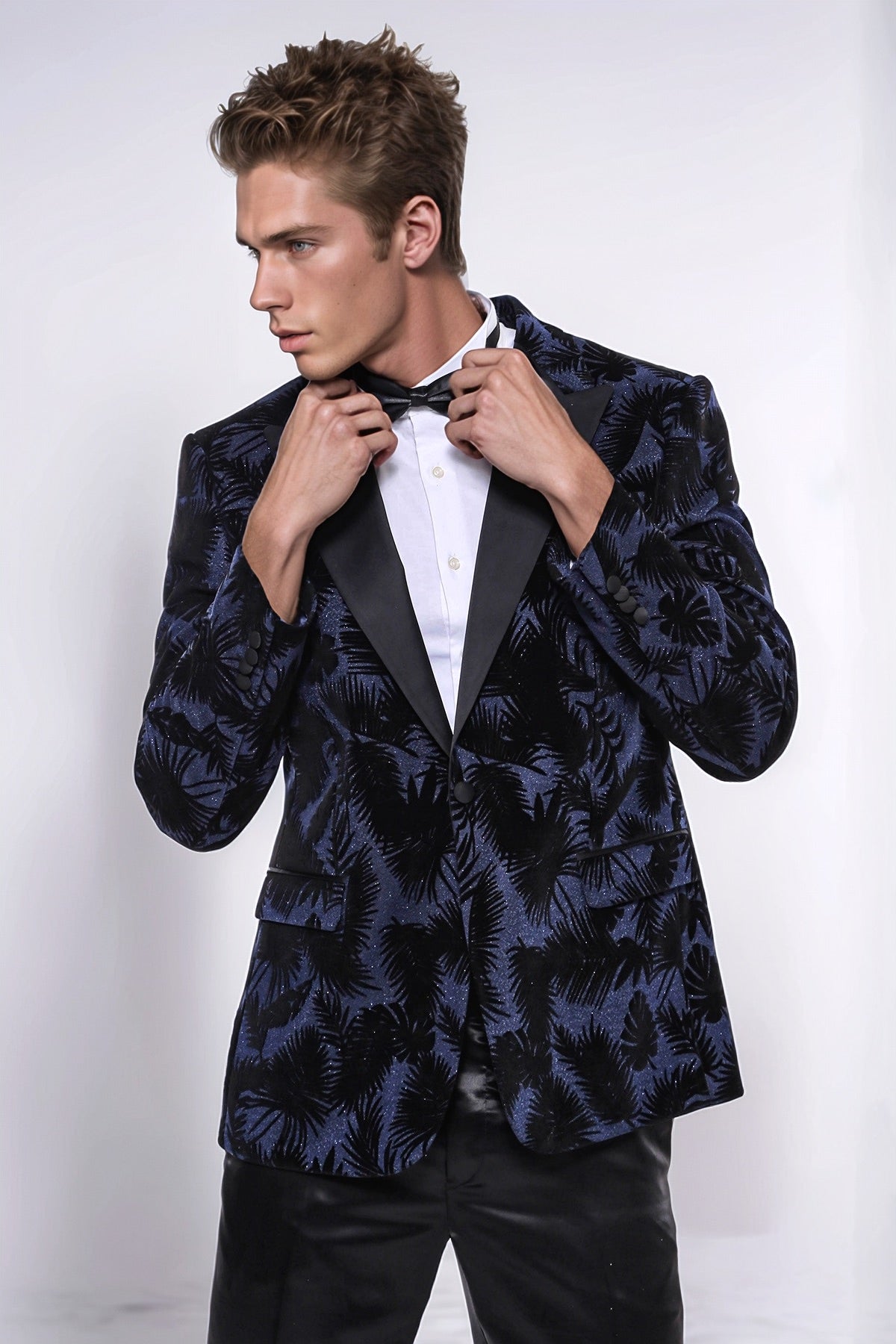 Shiny Leaf Patterned Navy Blue Men Tuxedo Party Blazer - Wessi