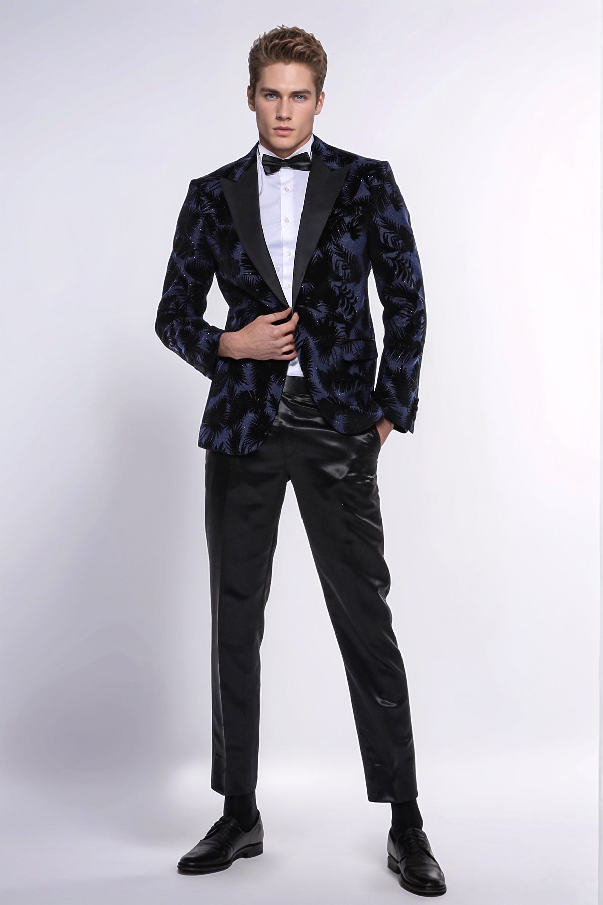 Shiny Leaf Patterned Navy Blue Men Tuxedo Party Blazer - Wessi