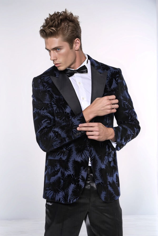 Shiny Leaf Patterned Navy Blue Men Tuxedo Party Blazer - Wessi