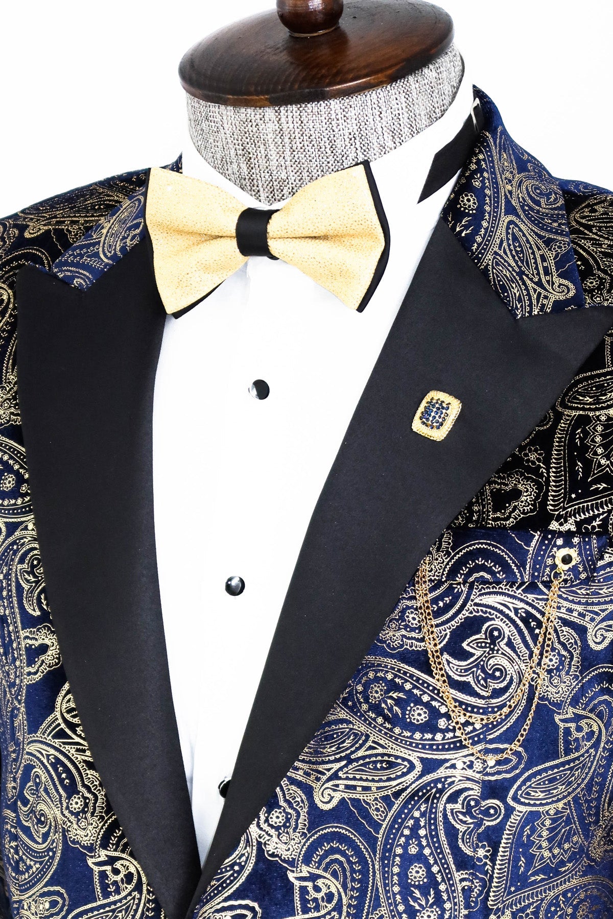 Gold Blue Patterned Over Navy Blue Men Tuxedo Blazer