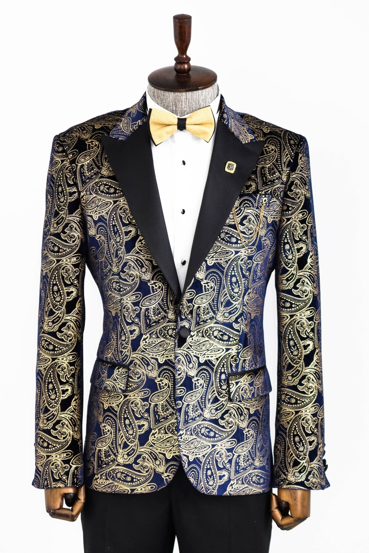 Gold Blue Patterned Over Navy Blue Men Tuxedo Blazer
