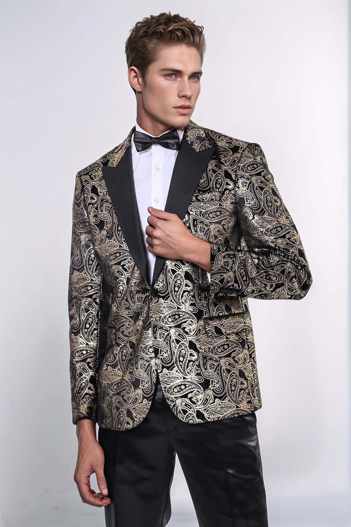Slim Fit Gold Paisley Patterned Black Men Tuxedo Blazer - Wessi
