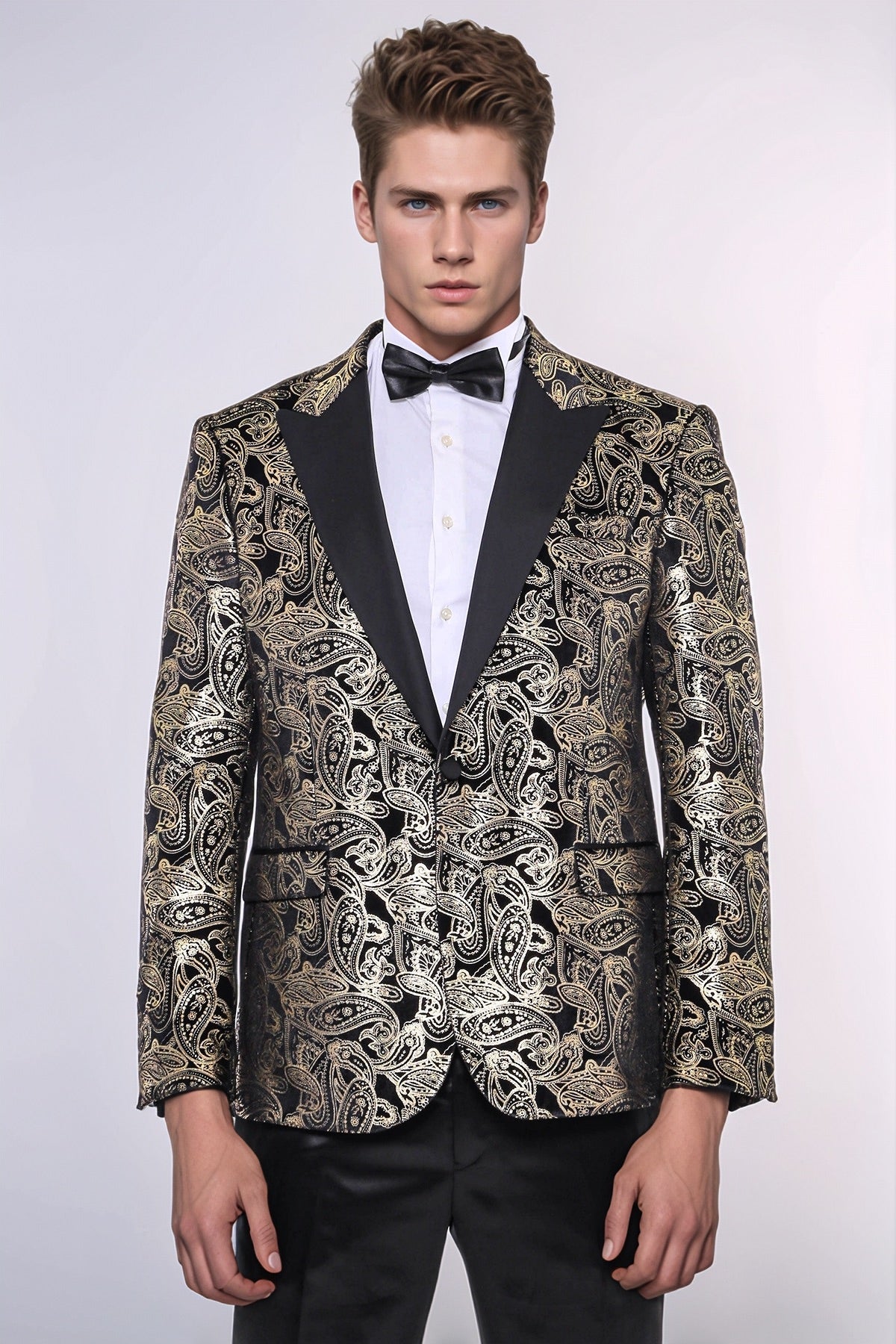 KOALA SYDNEY Slim Fit Gold Paisley Patterned Black Men Tuxedo Blazer