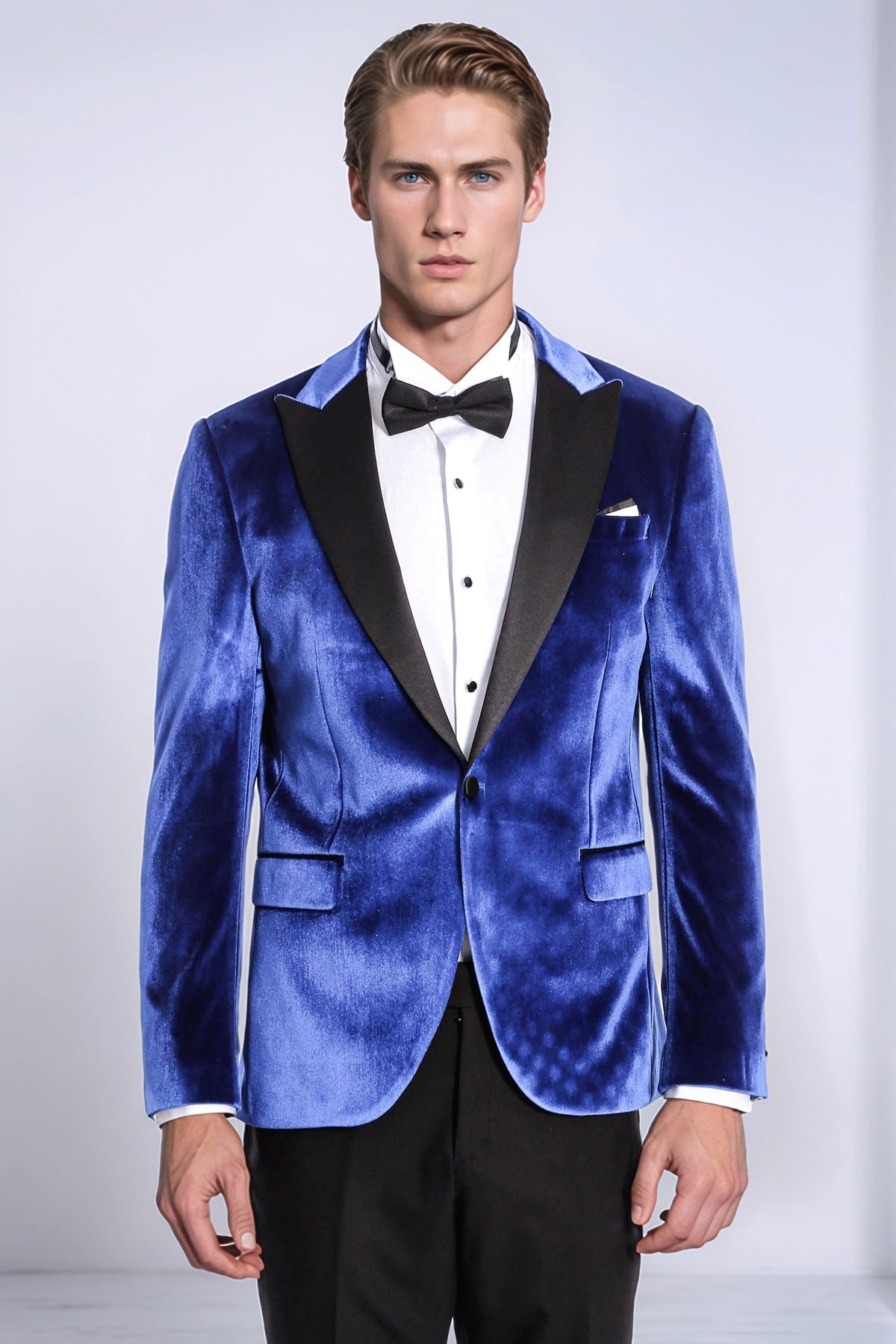 Velvet Navy Blue Slim Fit Men Tuxedo Jacket - Wessi