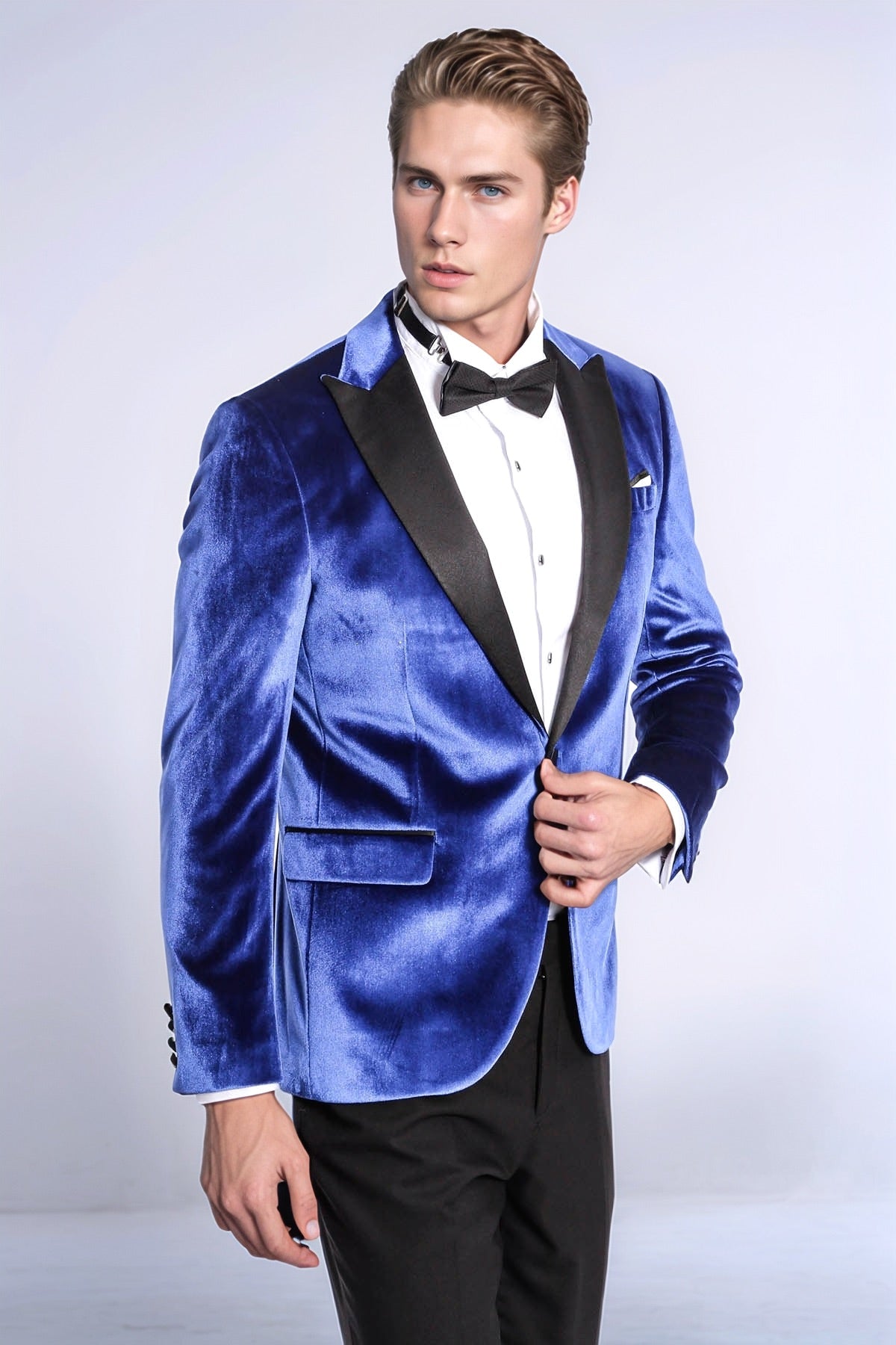 Velvet Navy Blue Slim Fit Men Tuxedo Jacket - Wessi