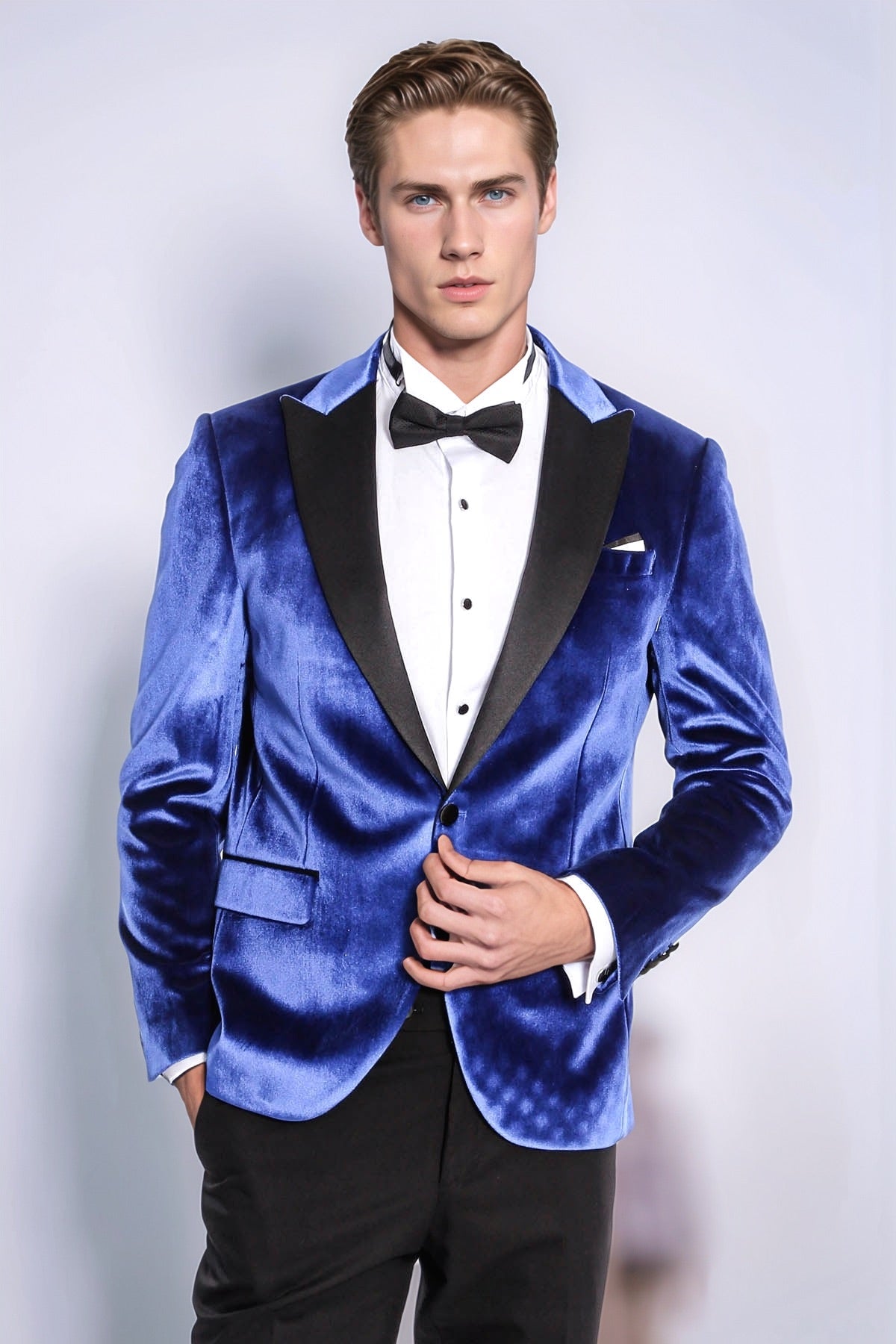 Velvet Navy Blue Slim Fit Men Tuxedo Jacket - Wessi