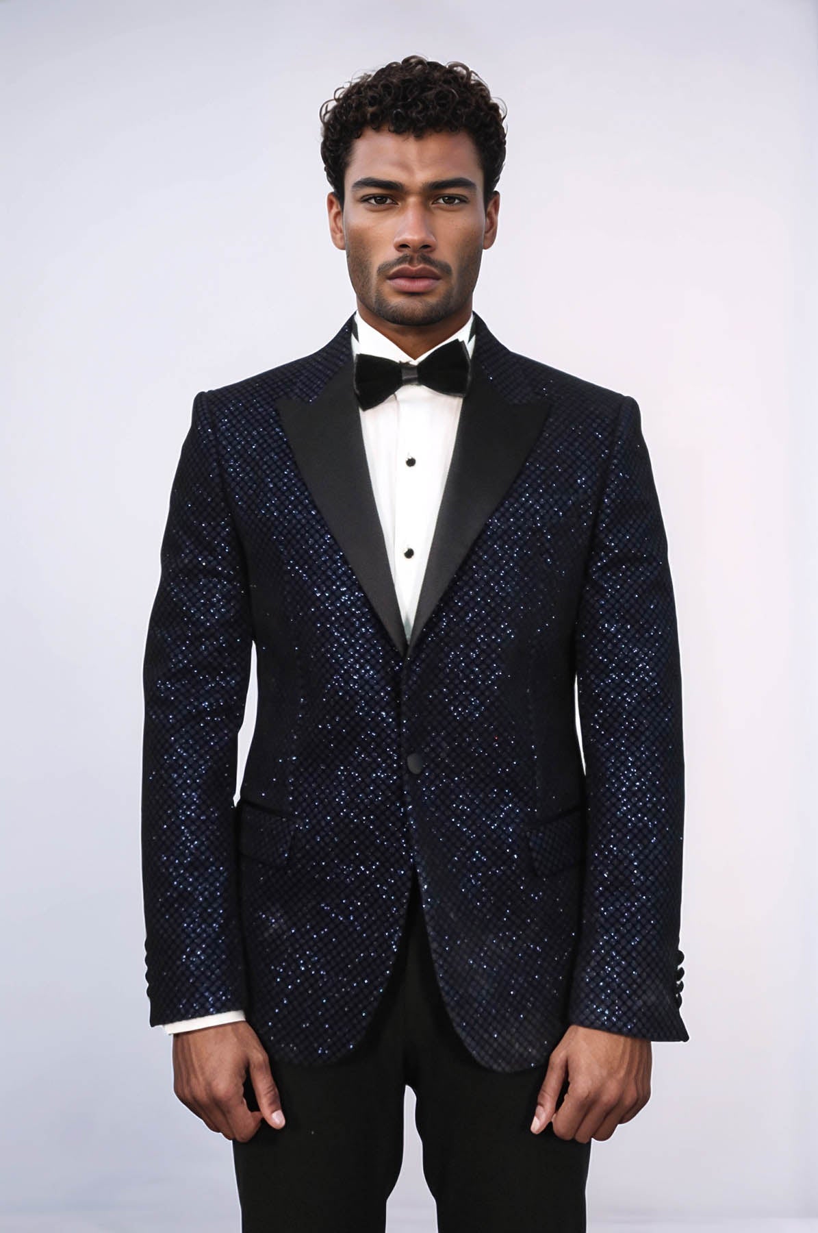 KOALA SYDNEY Black Patterned Over Navy Blue Men Prom Blazer and Trousers Combination Suit-