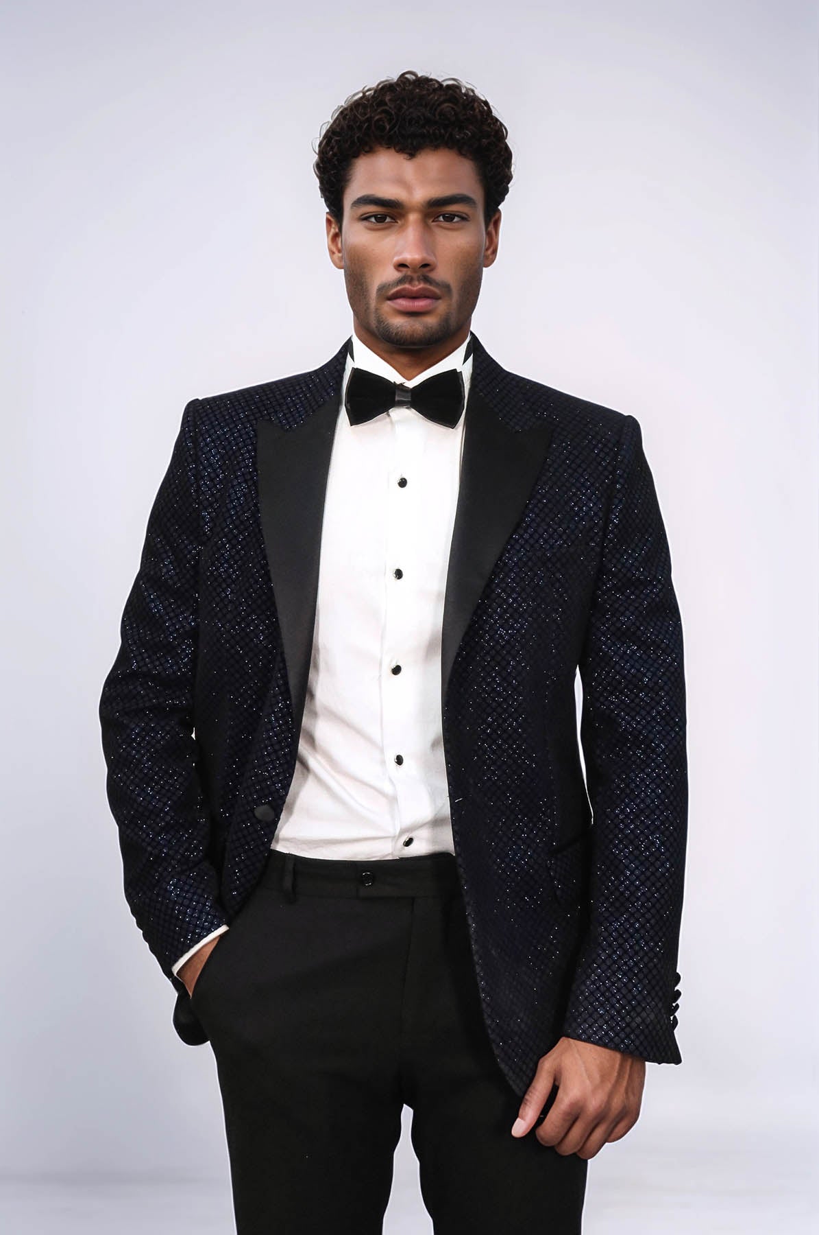 KOALA SYDNEY Black Patterned Over Navy Blue Men Prom Blazer and Trousers Combination Suit-