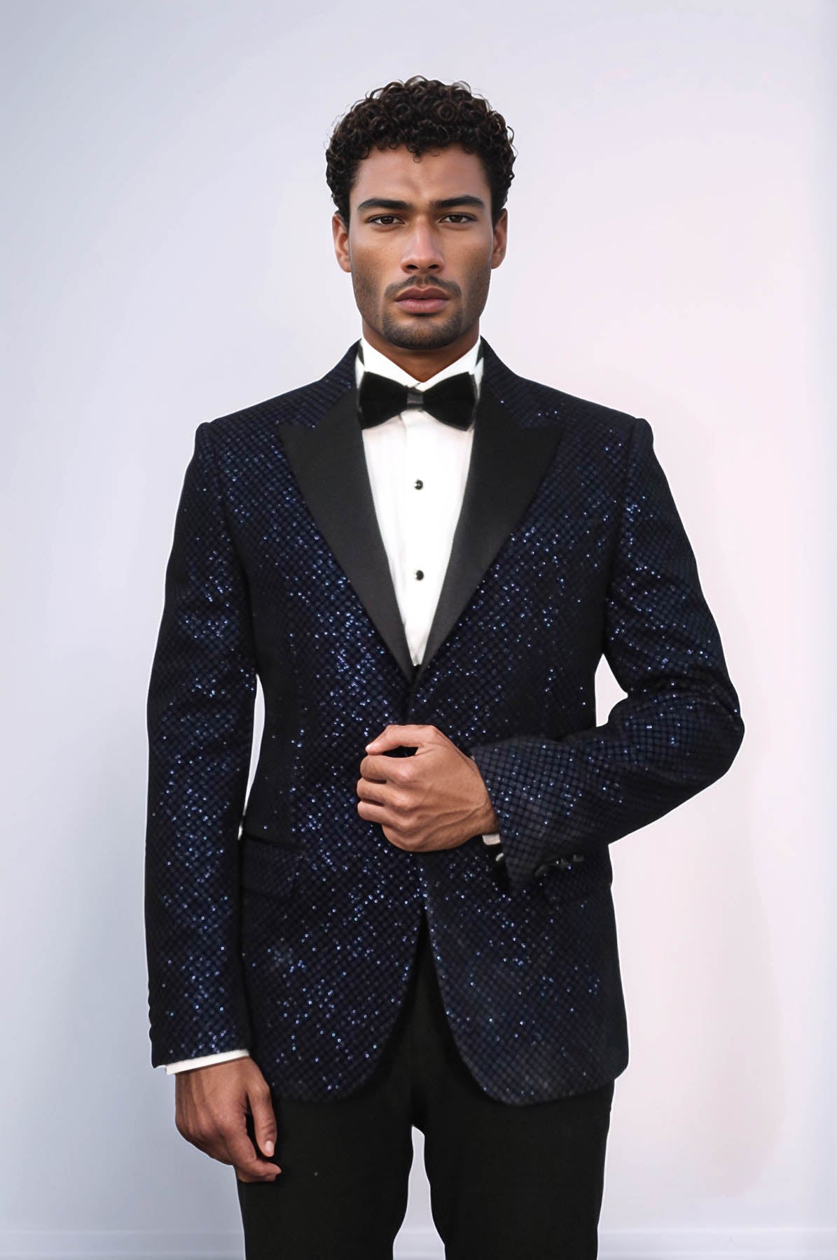 KOALA SYDNEY Black Patterned Over Navy Blue Men Prom Blazer and Trousers Combination Suit-