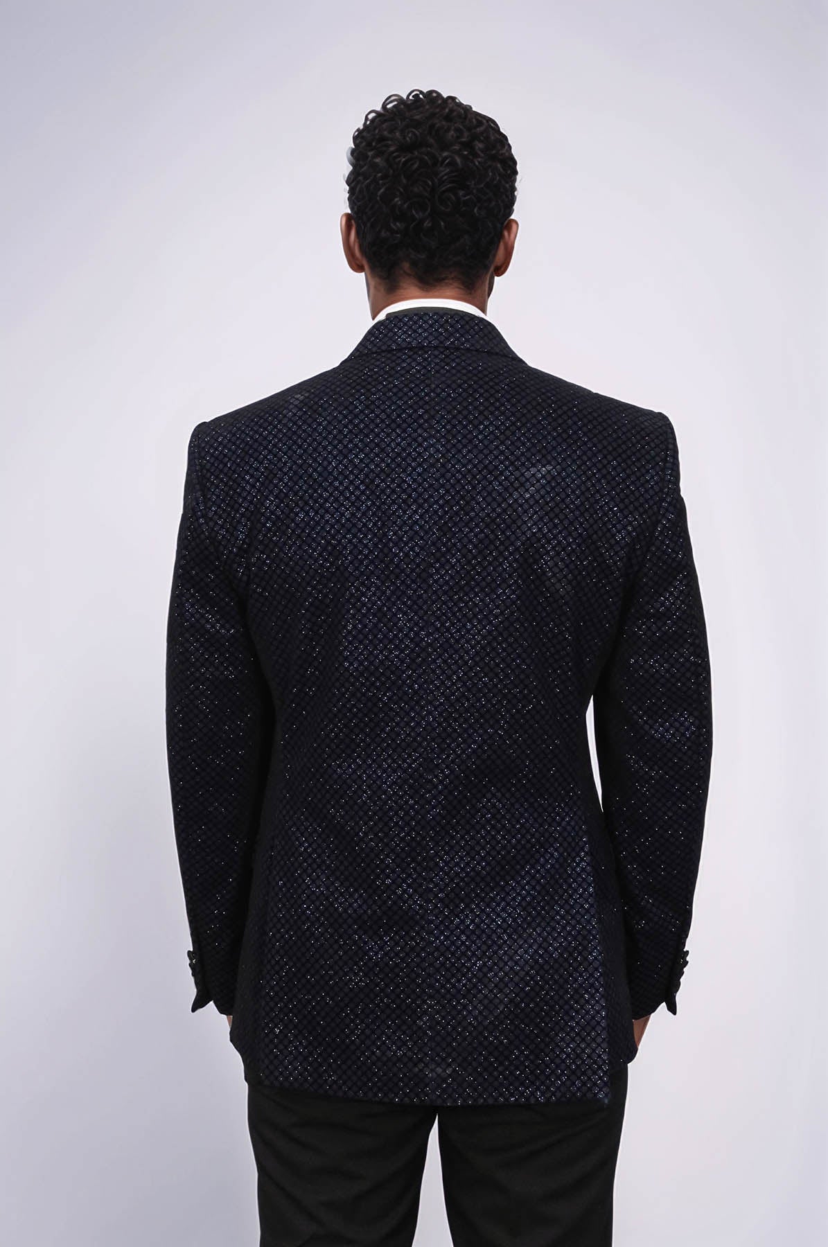 KOALA SYDNEY Black Patterned Over Navy Blue Men Prom Blazer and Trousers Combination Suit-
