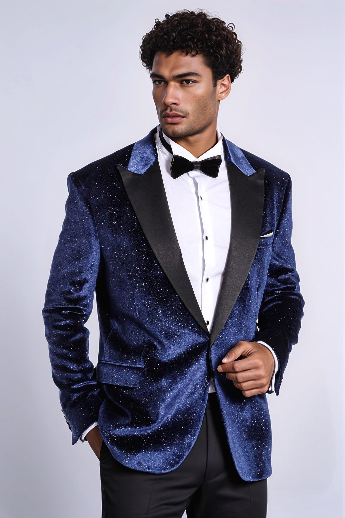Sparkle Slim Fit Velvet Navy Blue Men Wedding Tuxedo Blazer - Wessi