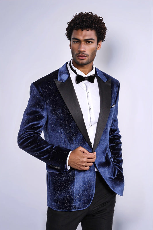 Sparkle Slim Fit Velvet Navy Blue Men Wedding Tuxedo Blazer