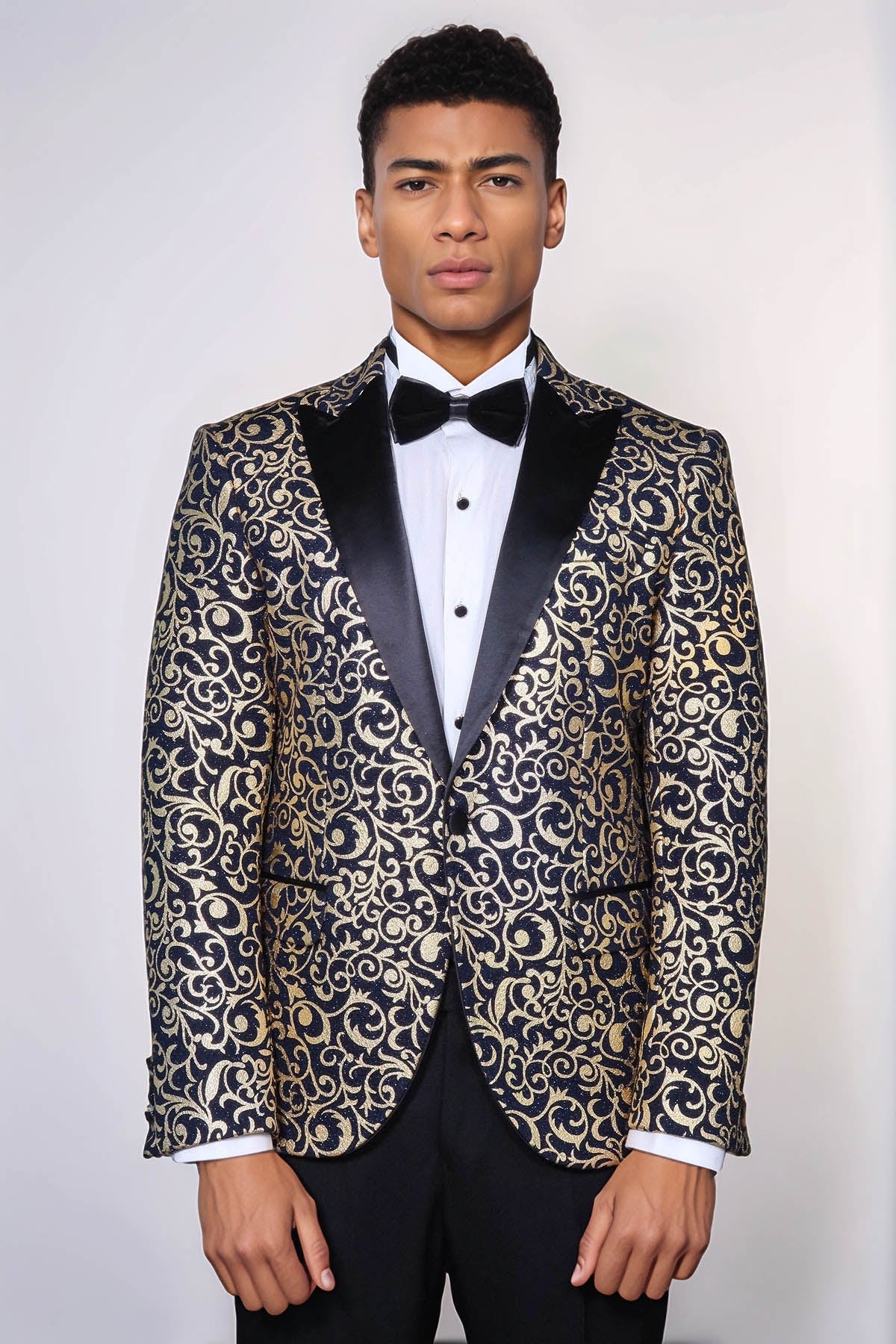 Gold Patterned Over Navy Men Party Blazer - Wessi