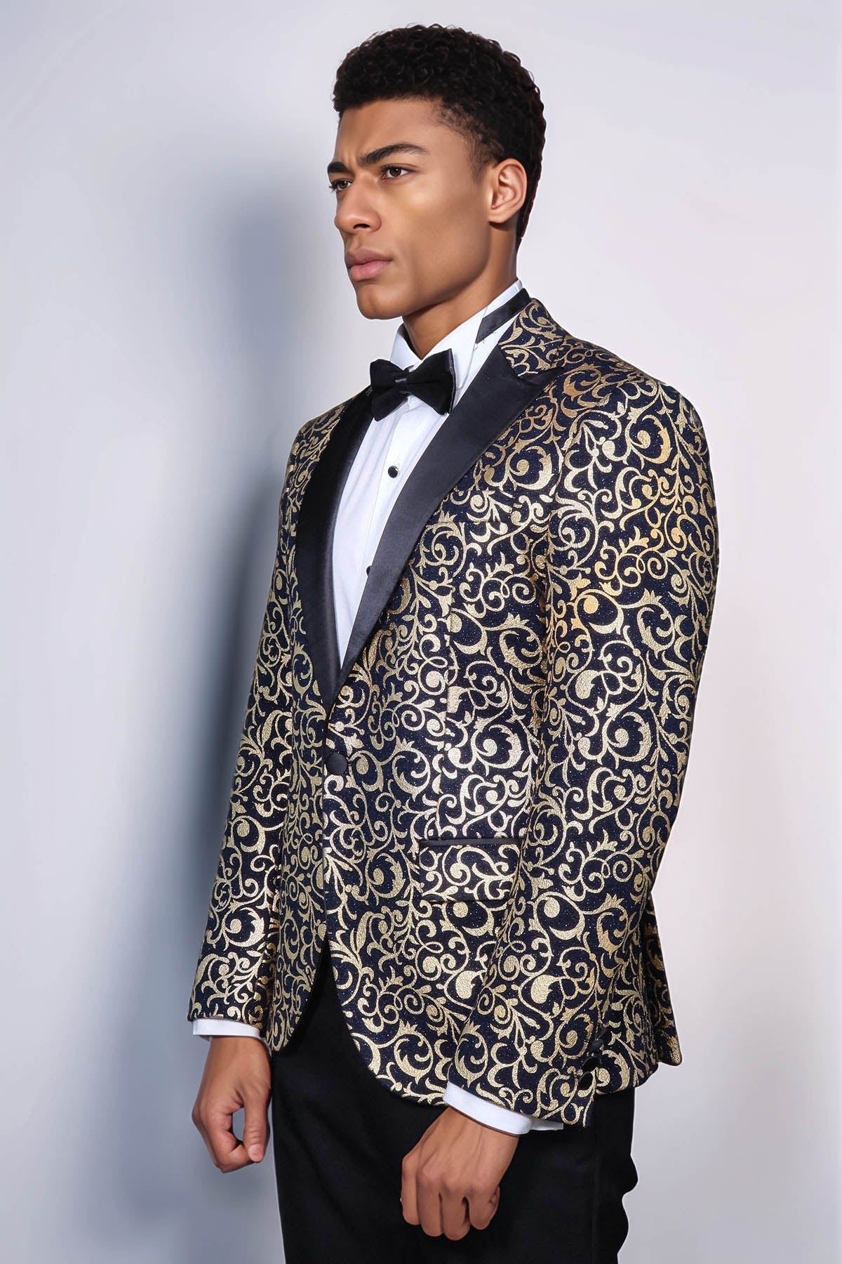 Gold Patterned Over Navy Men Party Blazer - Wessi