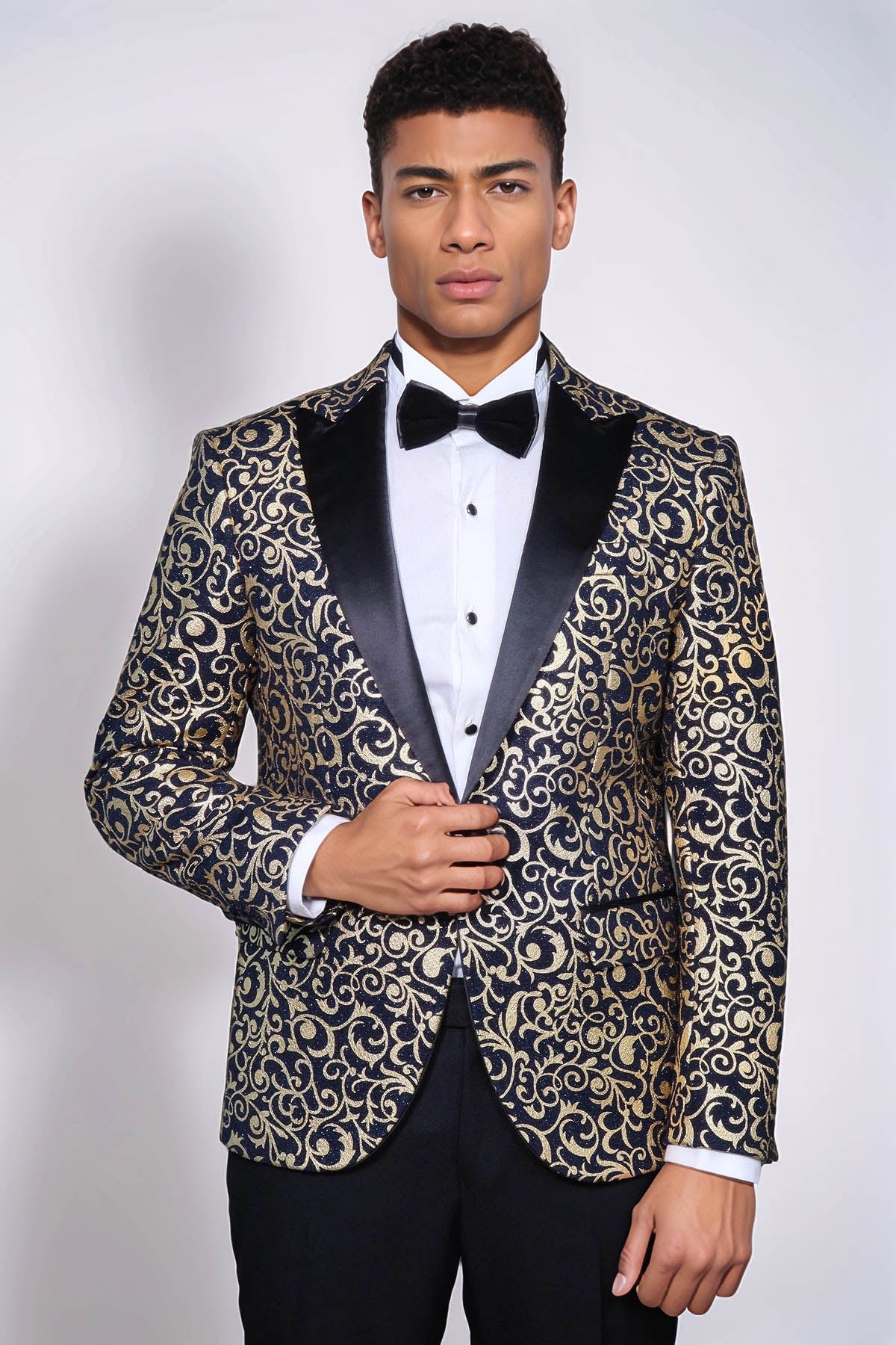 Gold Patterned Over Navy Men Party Blazer - Wessi