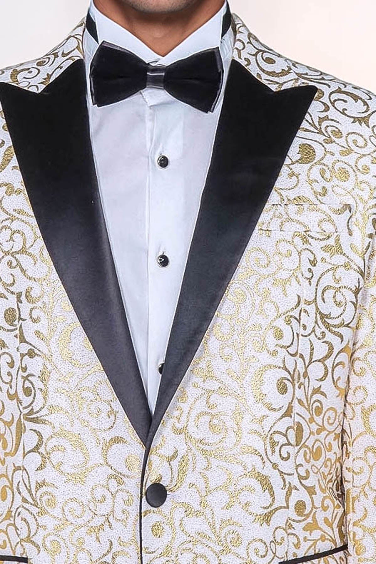 Gold Scroll Patterned Over White Men Wedding Tuxedo Jacket - Wessi