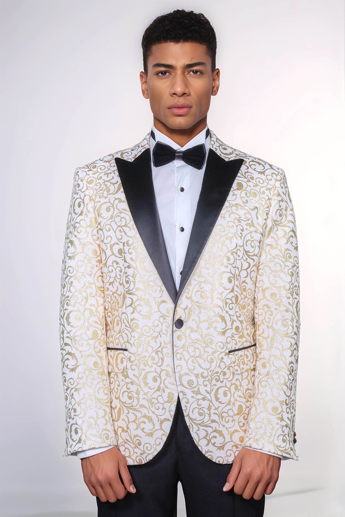Gold Scroll Patterned Over White Men Wedding Tuxedo Jacket - Wessi