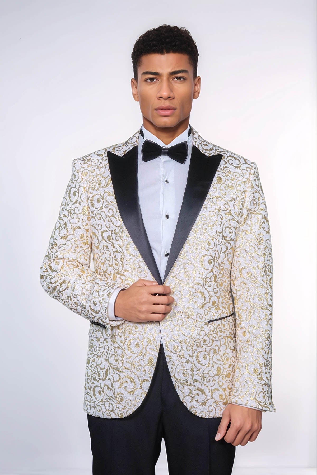 Gold Scroll Patterned Over White Men Wedding Tuxedo Jacket - Wessi