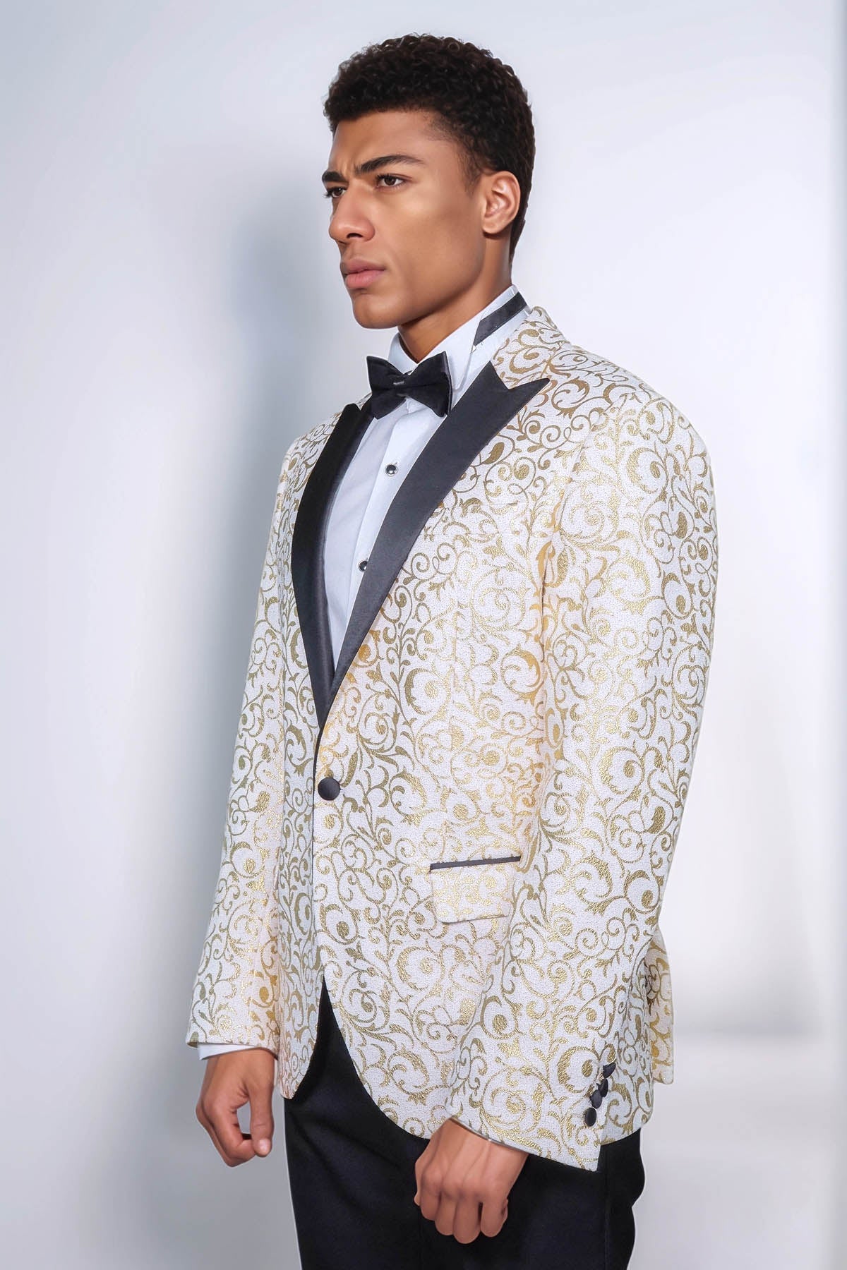 Gold Scroll Patterned Over White Men Wedding Tuxedo Jacket - Wessi