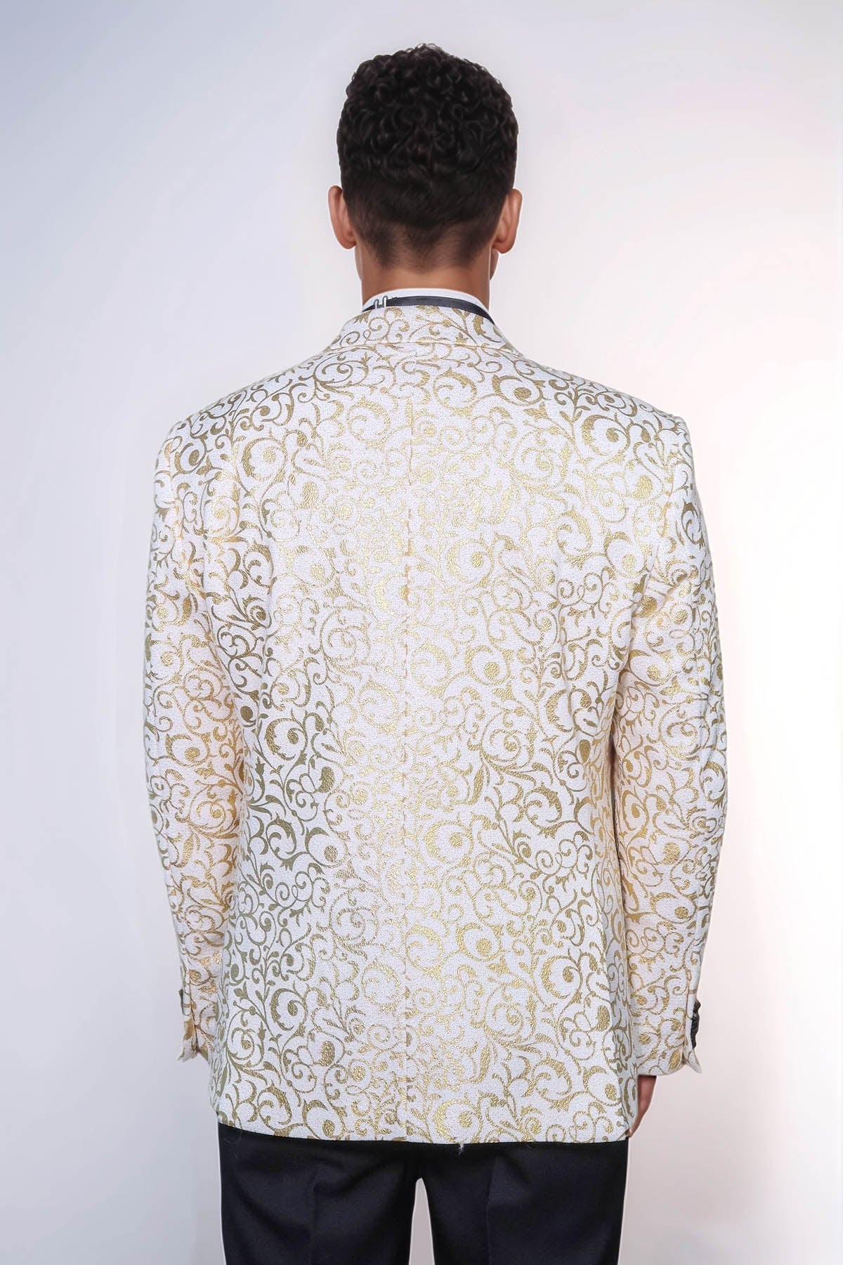 Gold Scroll Patterned Over White Men Wedding Tuxedo Jacket - Wessi