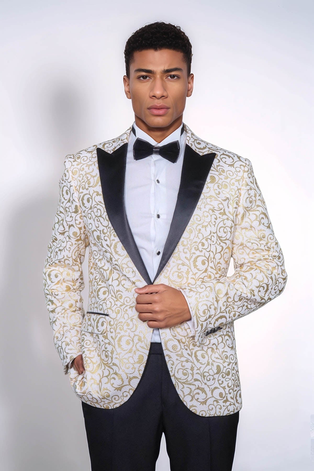 Gold Scroll Patterned Over White Men Wedding Tuxedo Jacket - Wessi