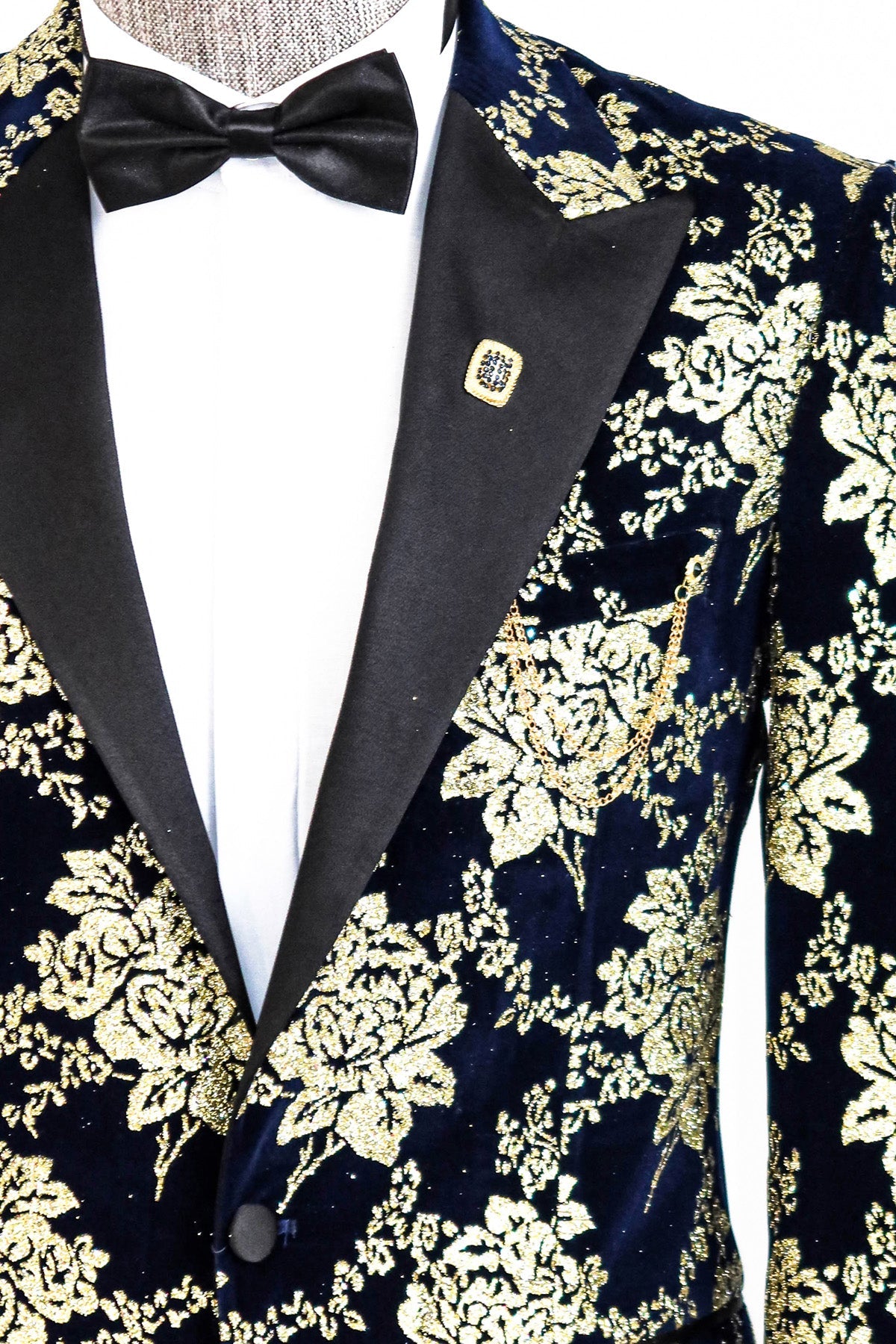 Gold Floral Patterned Navy Blue Men Party Blazer -