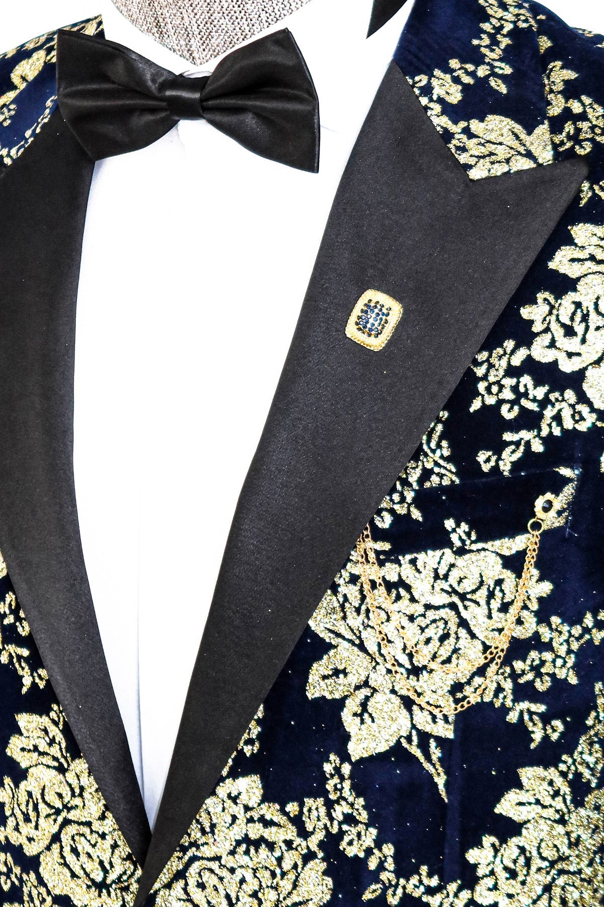 Gold Floral Patterned Navy Blue Men Party Blazer -