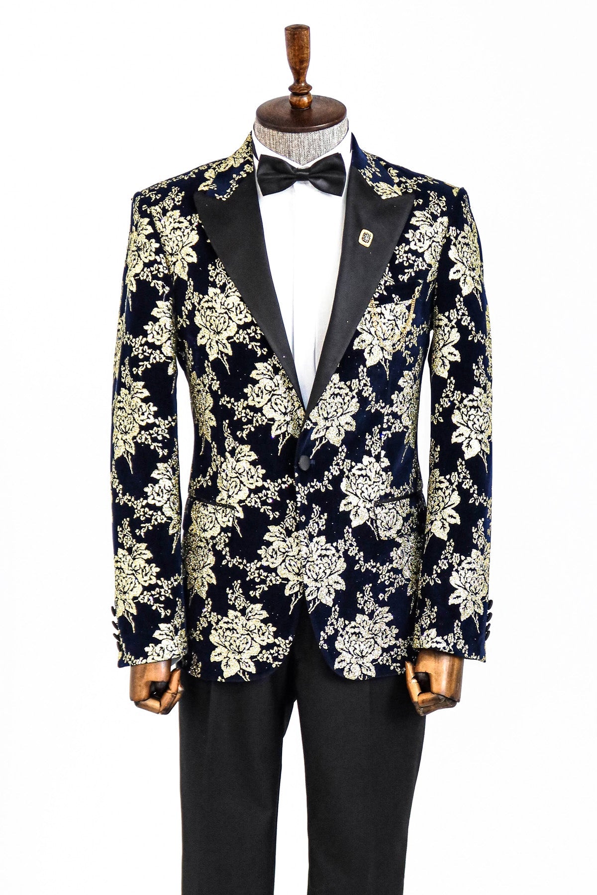 Gold Floral Patterned Navy Blue Men Party Blazer -