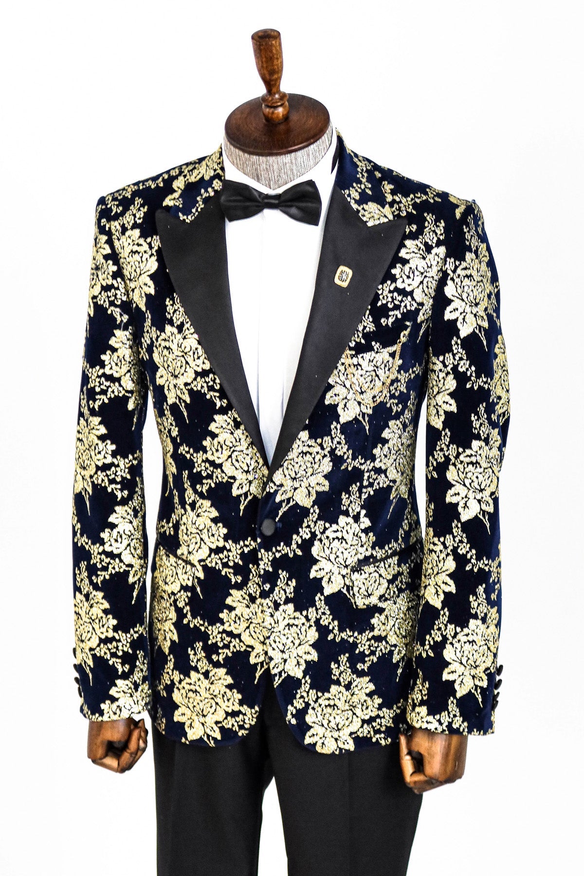 Gold Floral Patterned Navy Blue Men Party Blazer -