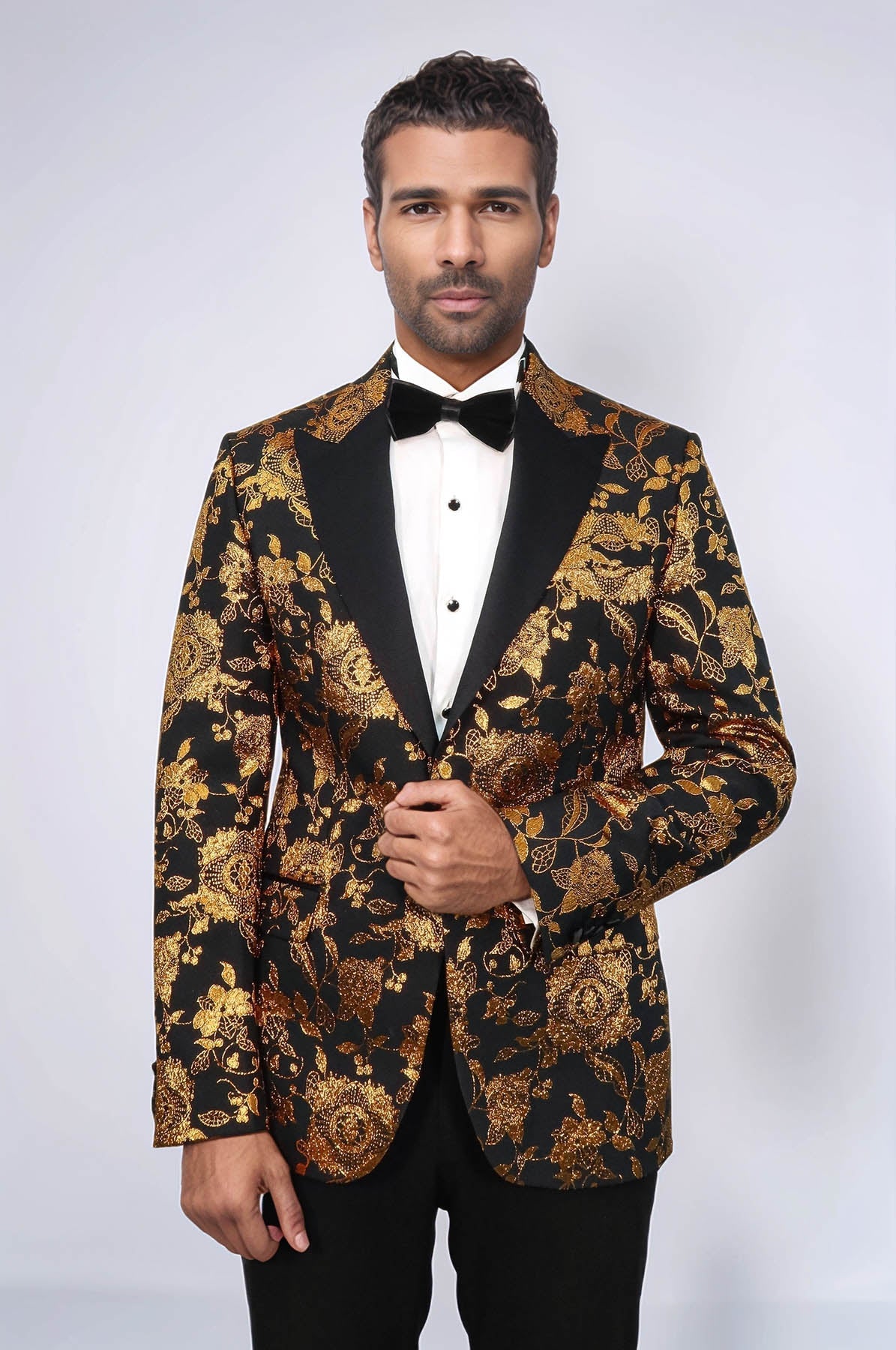 Floral Patterned Slim Fit Yellow Men Party Blazer - Wessi