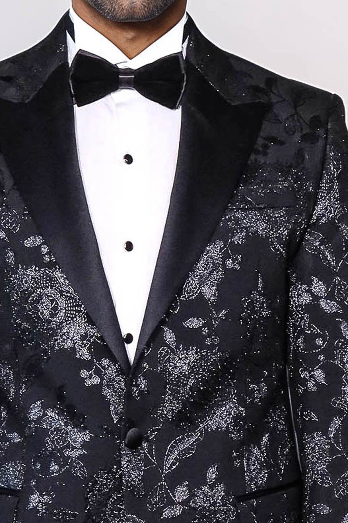 Floral Patterned Shiny Peak Lapel Black Men Dinner Jacket - Wessi