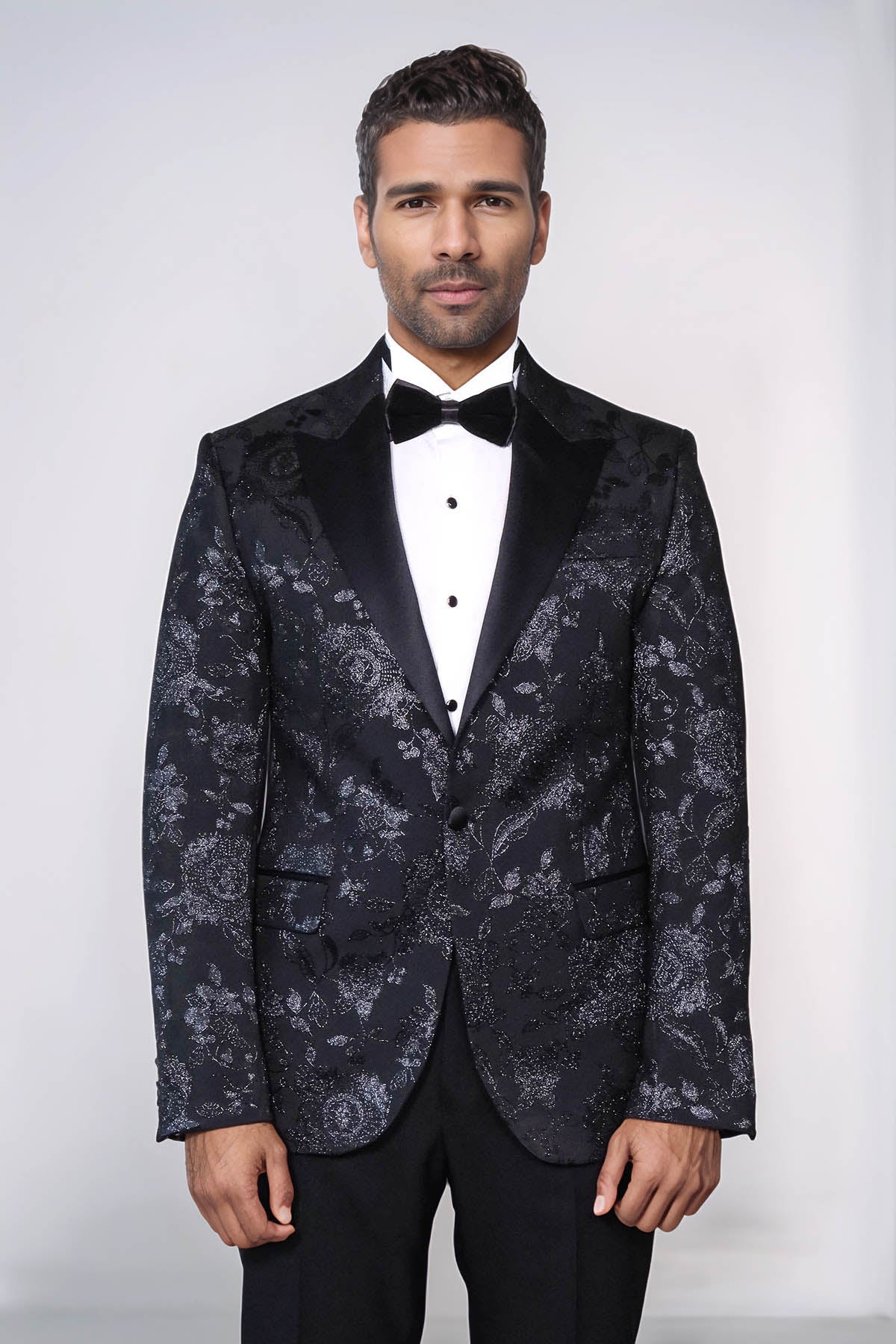 Floral Patterned Shiny Peak Lapel Black Men Dinner Jacket - Wessi