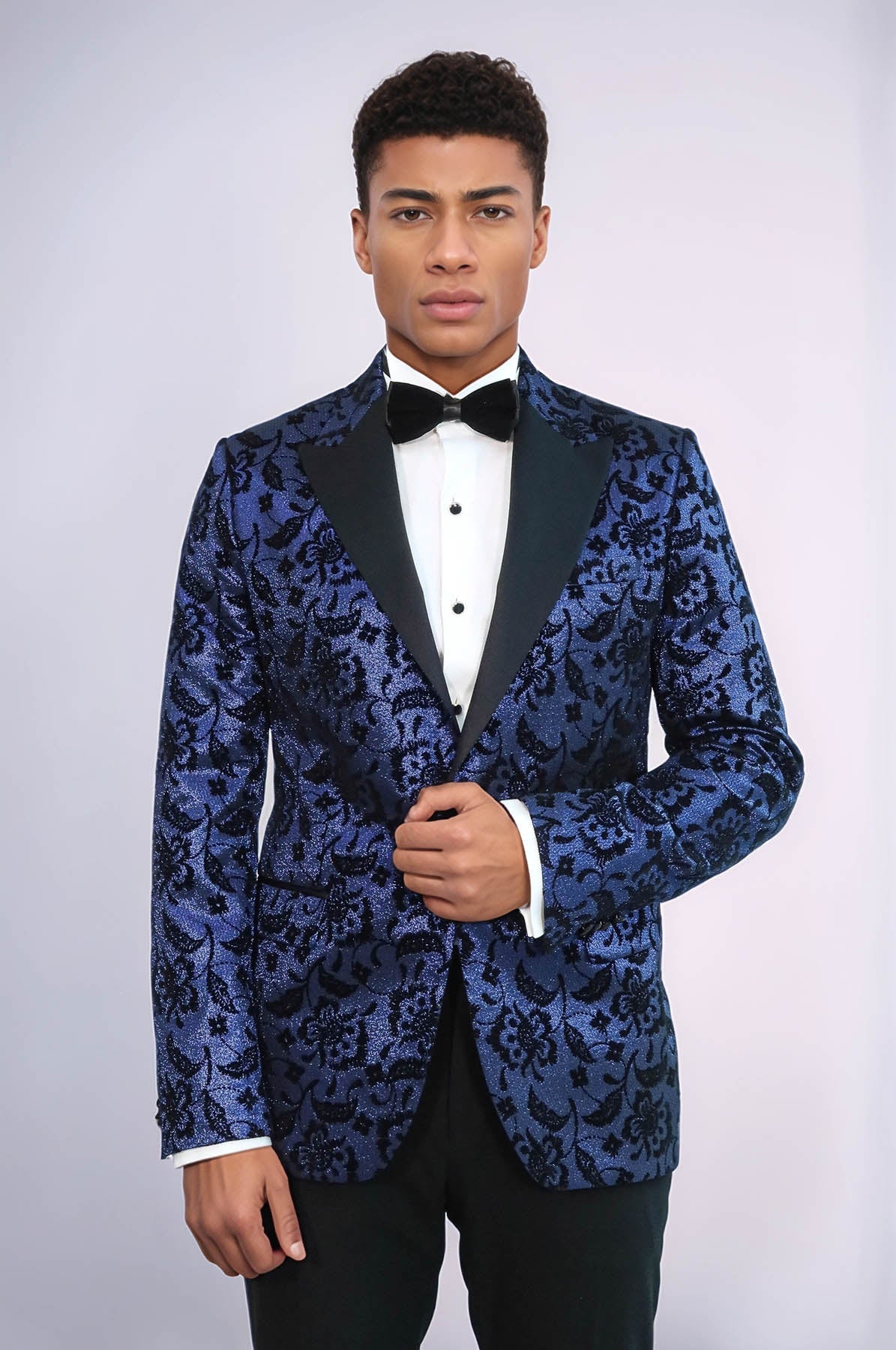 Floral Patterned Peak Lapel Navy Blue Men Stage Singer Jacket