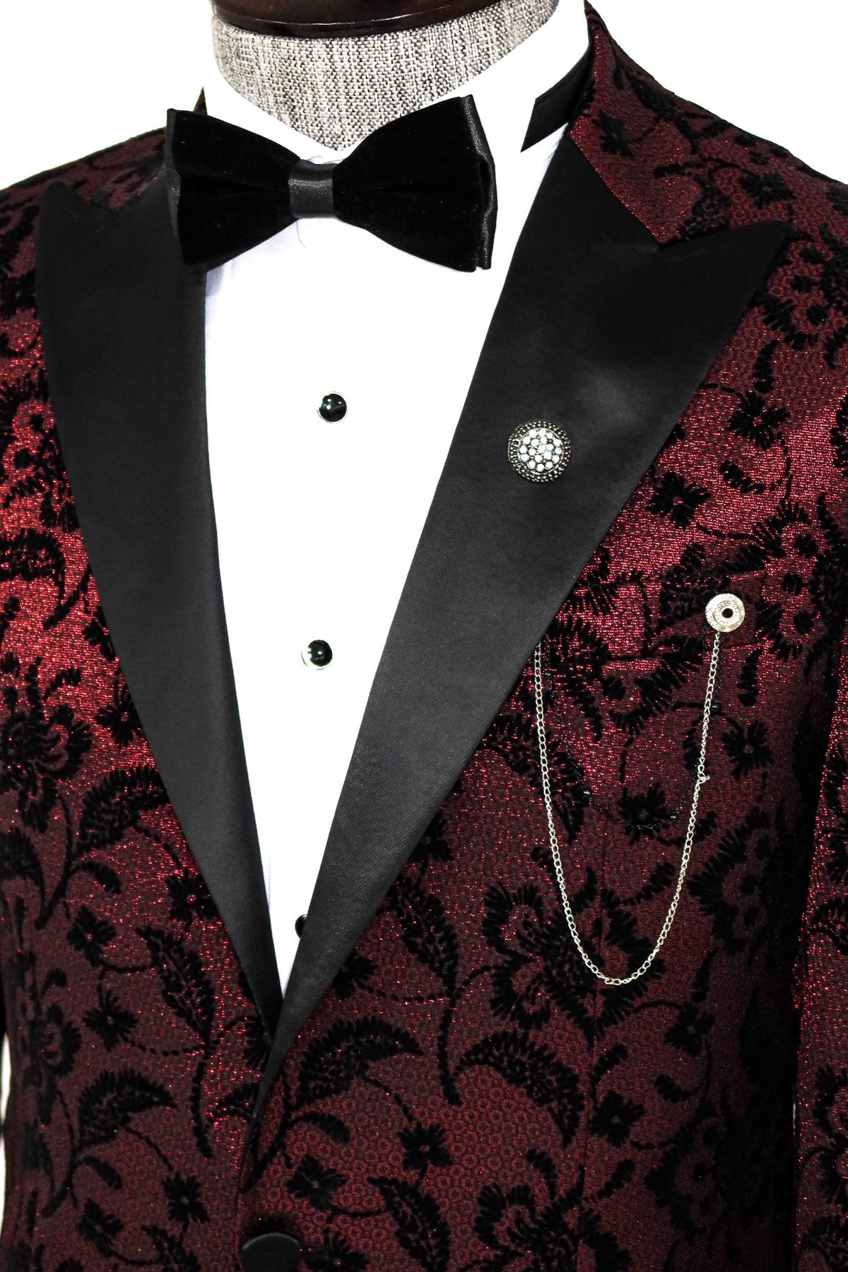 Floral Patterned Peak Lapel Burgundy Men Party Blazer