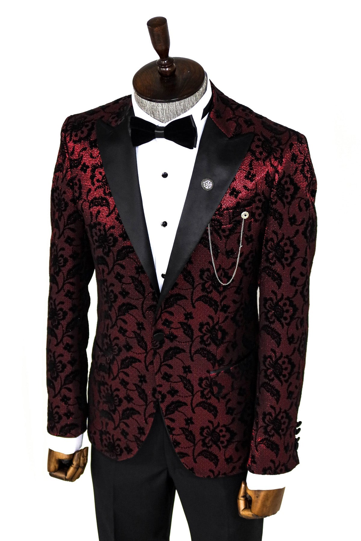 Floral Patterned Peak Lapel Burgundy Men Party Blazer