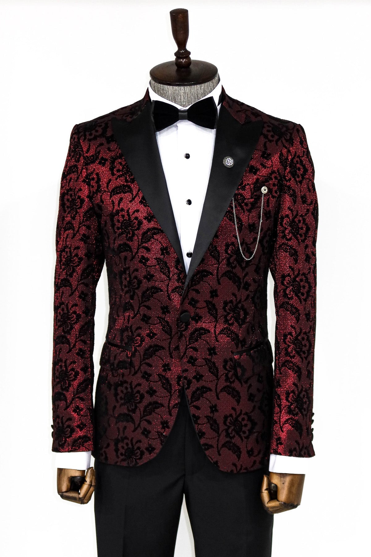 Floral Patterned Peak Lapel Burgundy Men Party Blazer