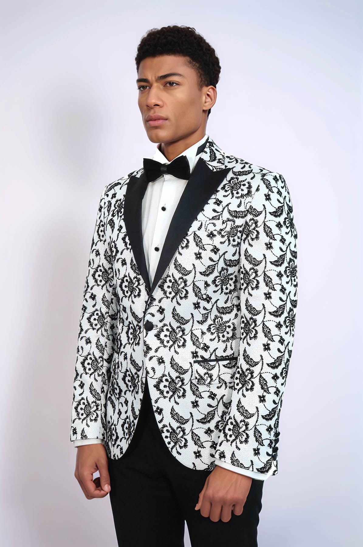 Floral Patterned Peak Lapel White Men Wedding Tuxedo Blazer - Wessi