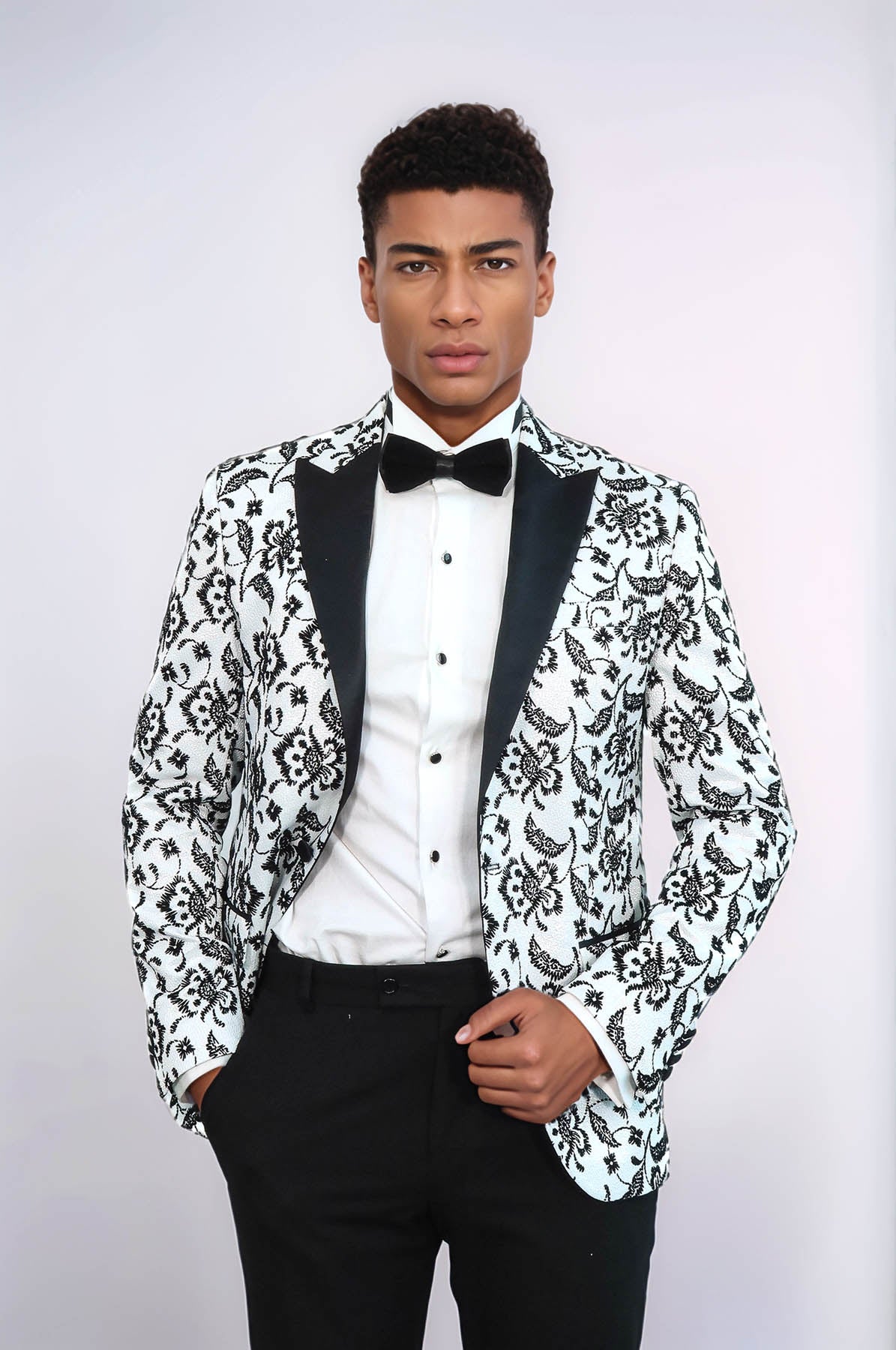 Floral Patterned Peak Lapel White Men Wedding Tuxedo Blazer - Wessi