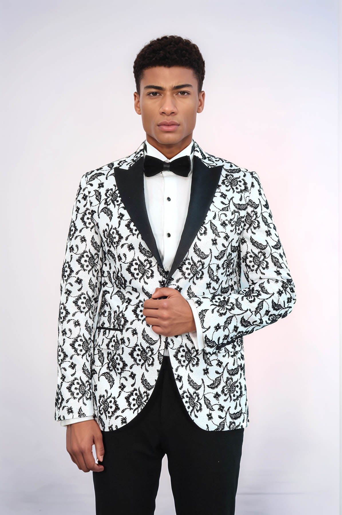 Floral Patterned Peak Lapel White Men Wedding Tuxedo Blazer - Wessi