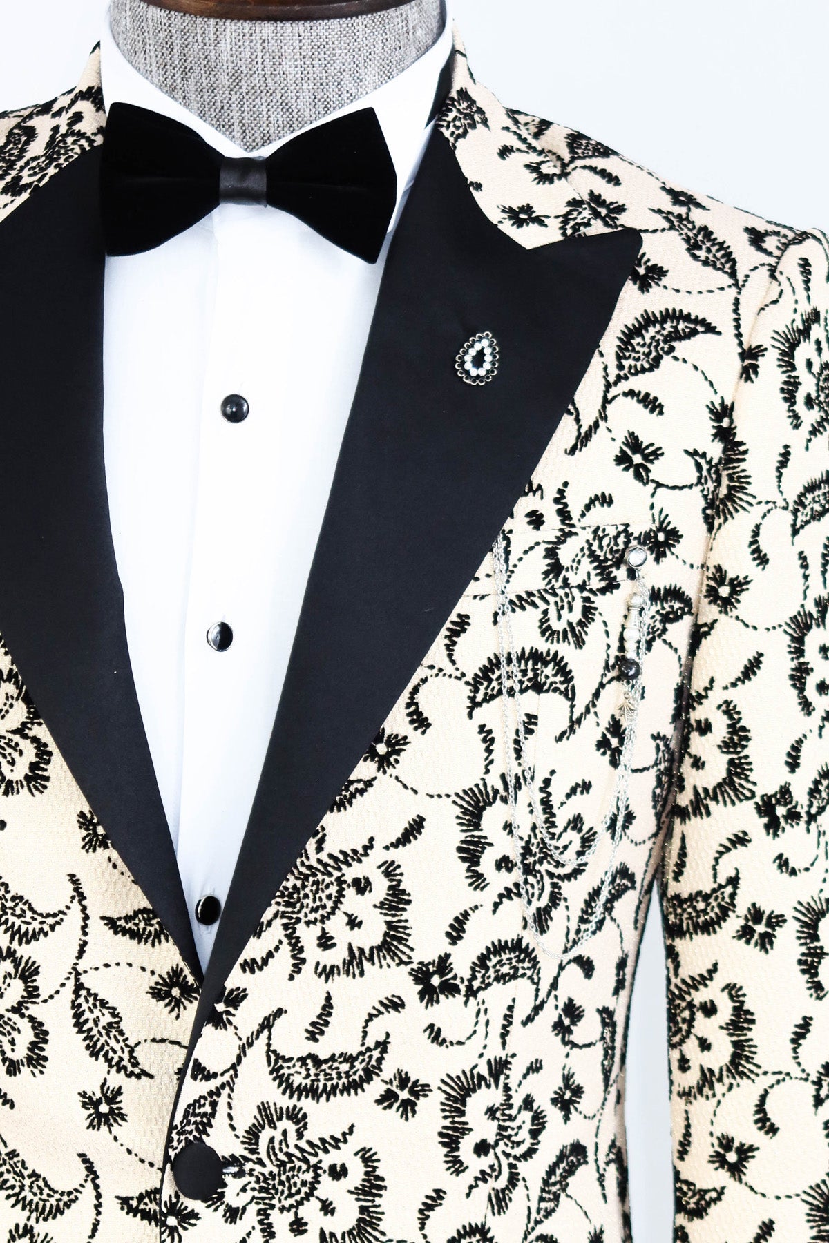Floral Patterned Peak Lapel Cream Men Wedding Blazer