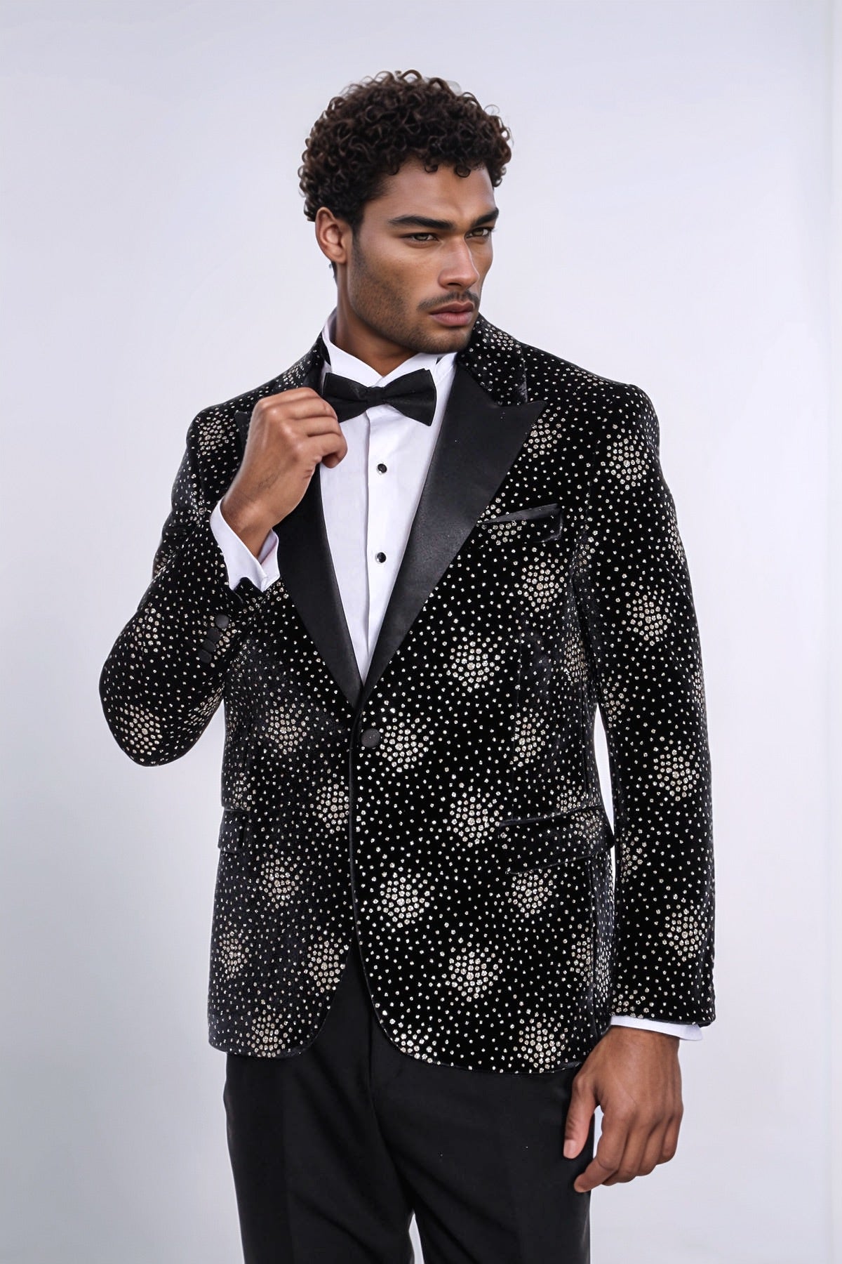 Slim Fit Dot Patterned Black Men Prom Blazer and Trousers Combination Suit