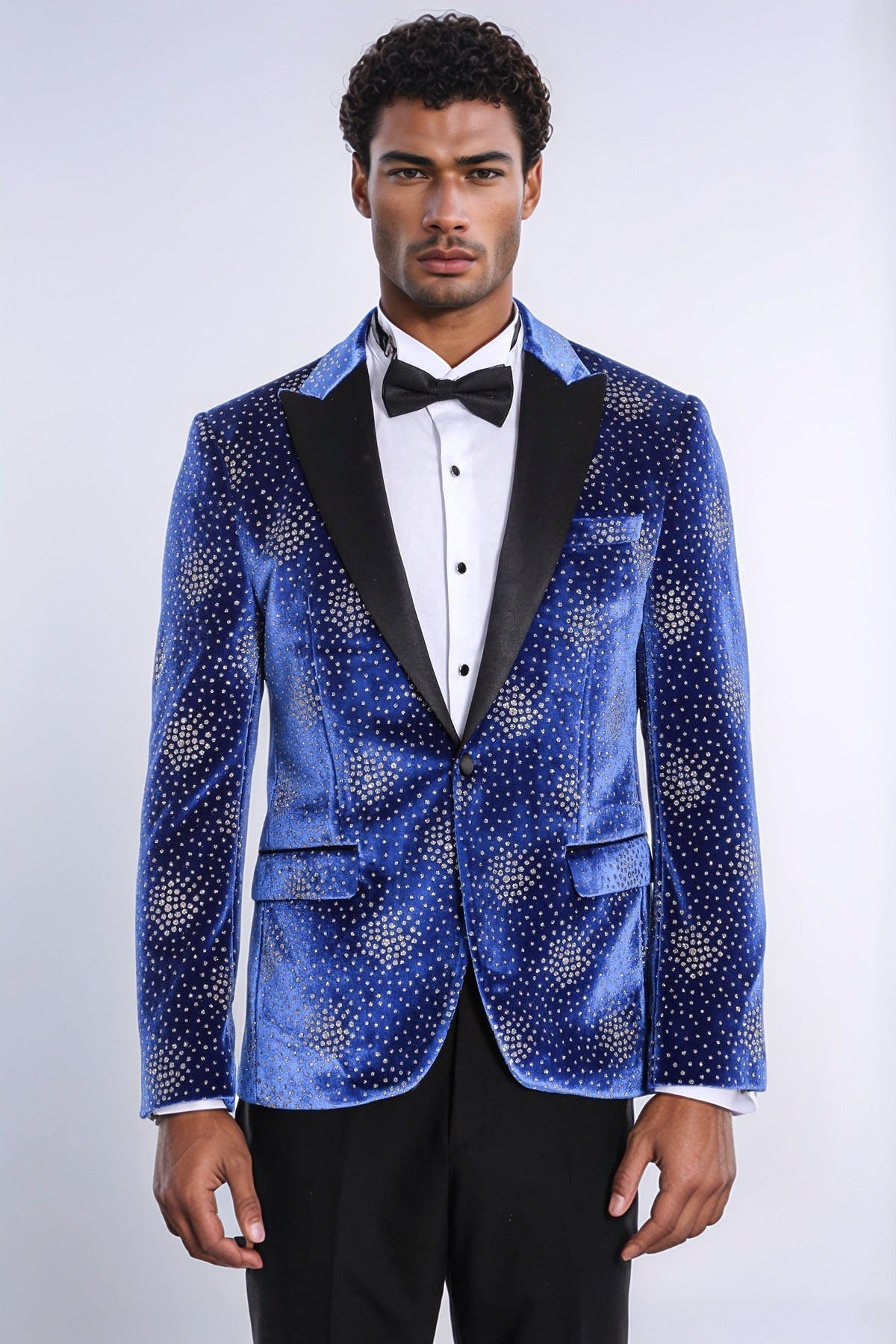 Dot Patterned Peak Lapel Blue Men Singer Performance Blazer